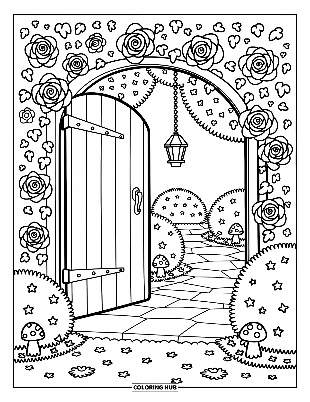 Desen de colorat cu grădină pentru adulți: O poartă de lemn ușor deschisă, acoperită cu iederă, care duce într-o grădină secretă