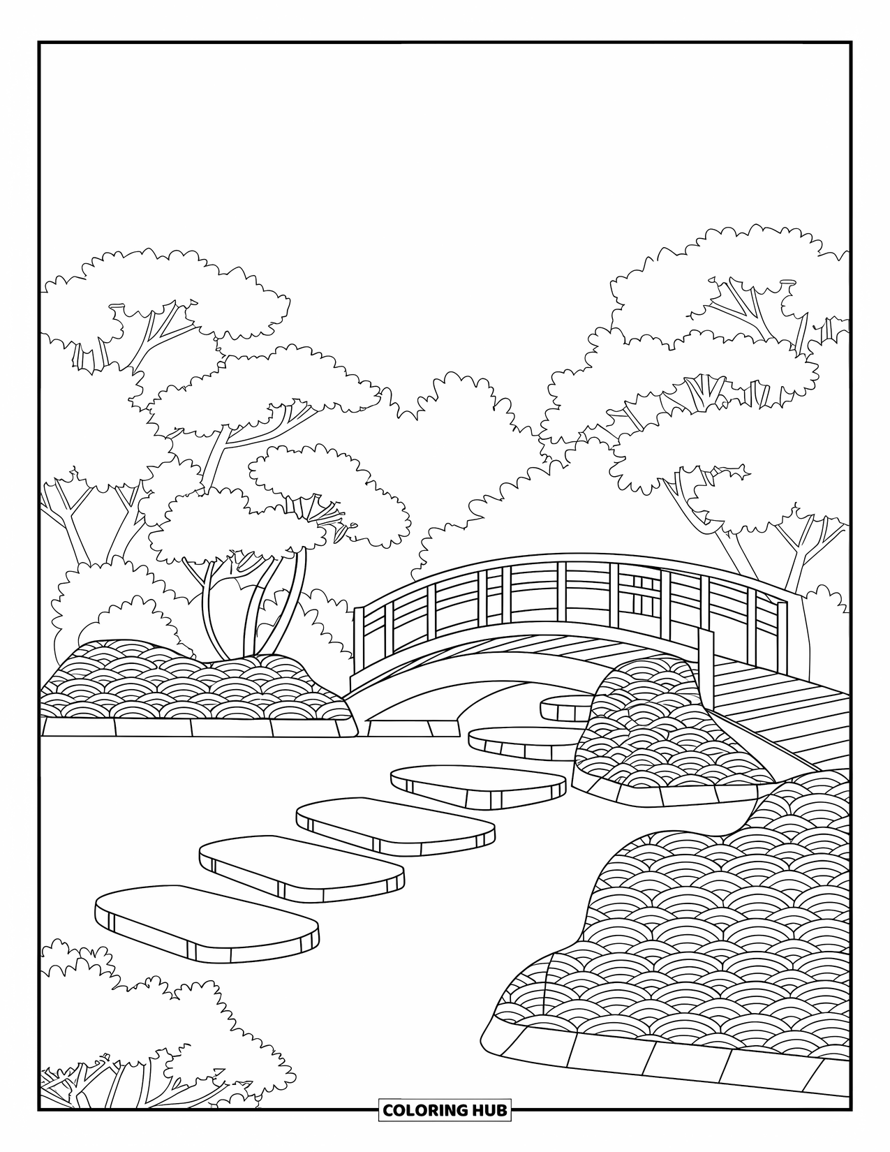 Desen de colorat cu grădină pentru adulți: O grădină tradițională japoneză cu flori de cireș și modele detaliate