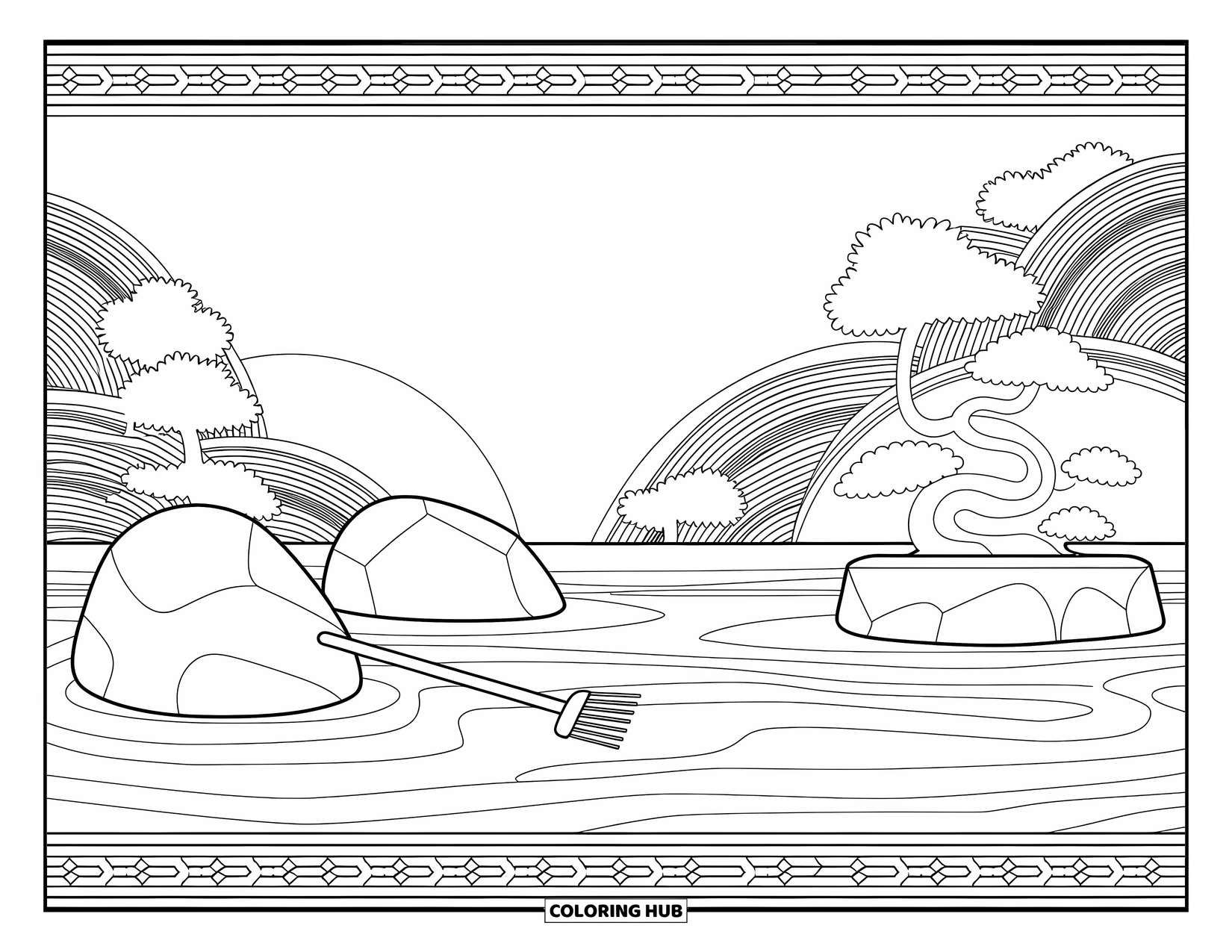 Desen de colorat cu grădină pentru adulți: O grădină Zen liniștită, cu modele complicate spiralate și detalii delicate