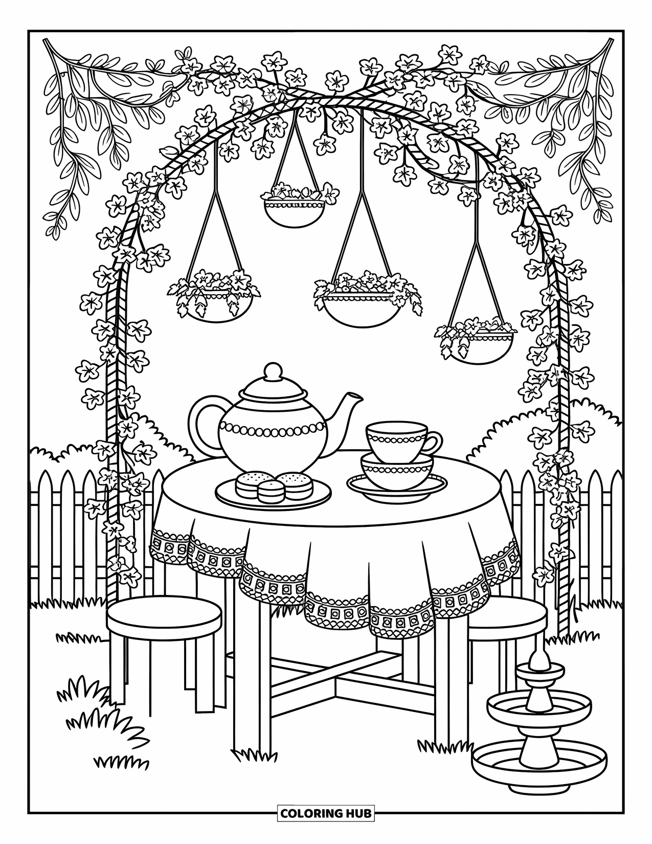 Desen de colorat cu grădină pentru adulți: O masă de ceai caldă și primitoare sub ramuri încărcate de flori, înconjurată de iederă