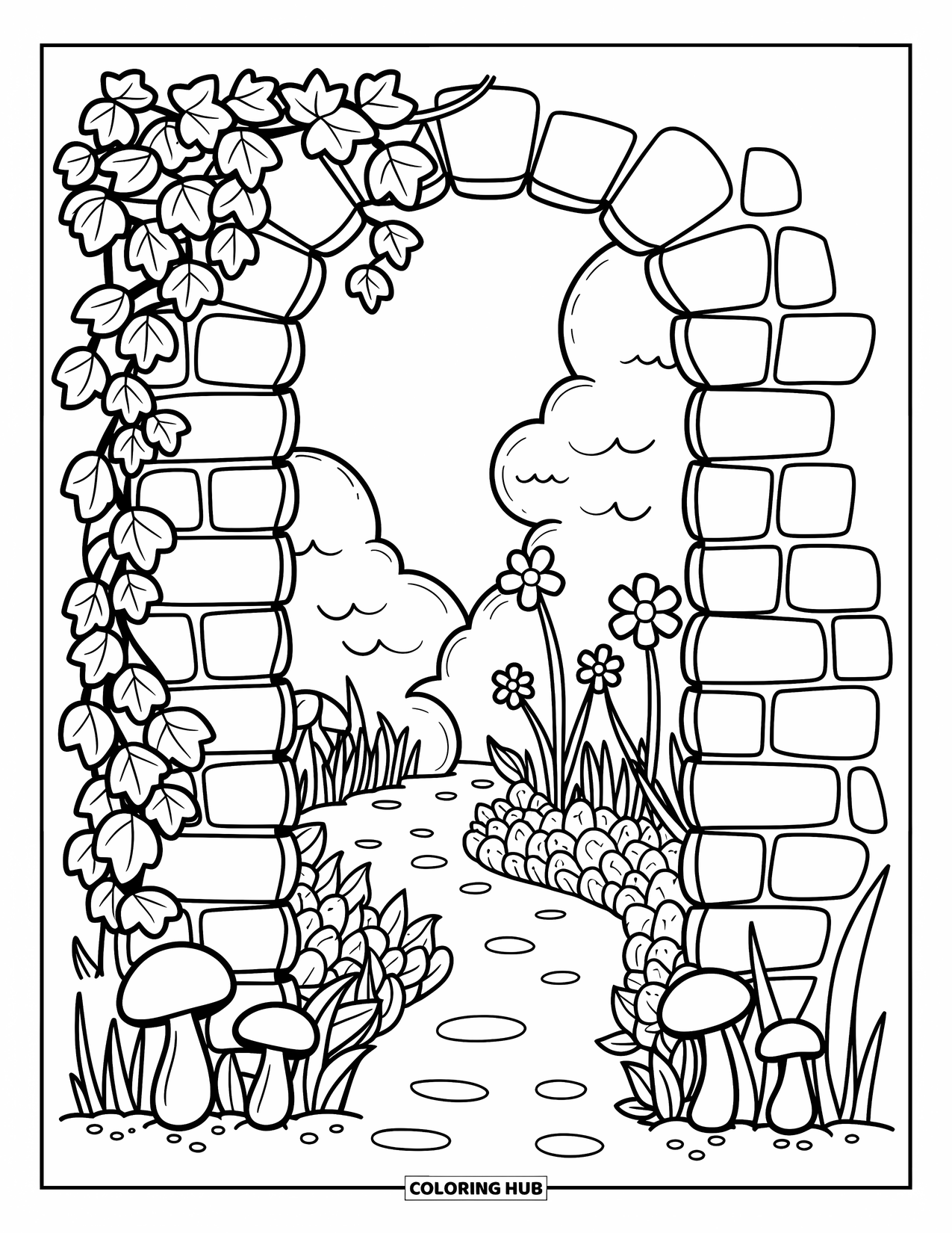 Desen de colorat cu grădină pentru adulți: Un zid de piatră erodat cu iederă cățărătoare și o potecă șerpuitoare ascunsă