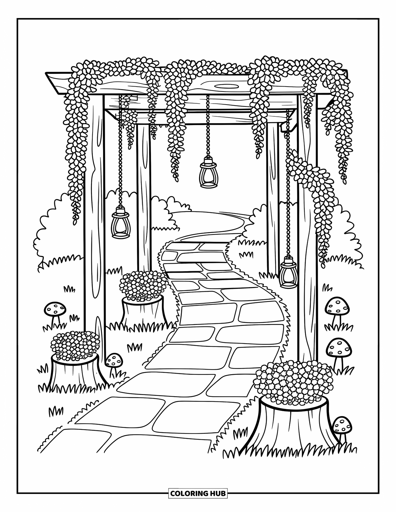 Desen de colorat cu grădină pentru adulți: O potecă șerpuitoare de grădină sub un spalier de viță de vie glicină înflorită