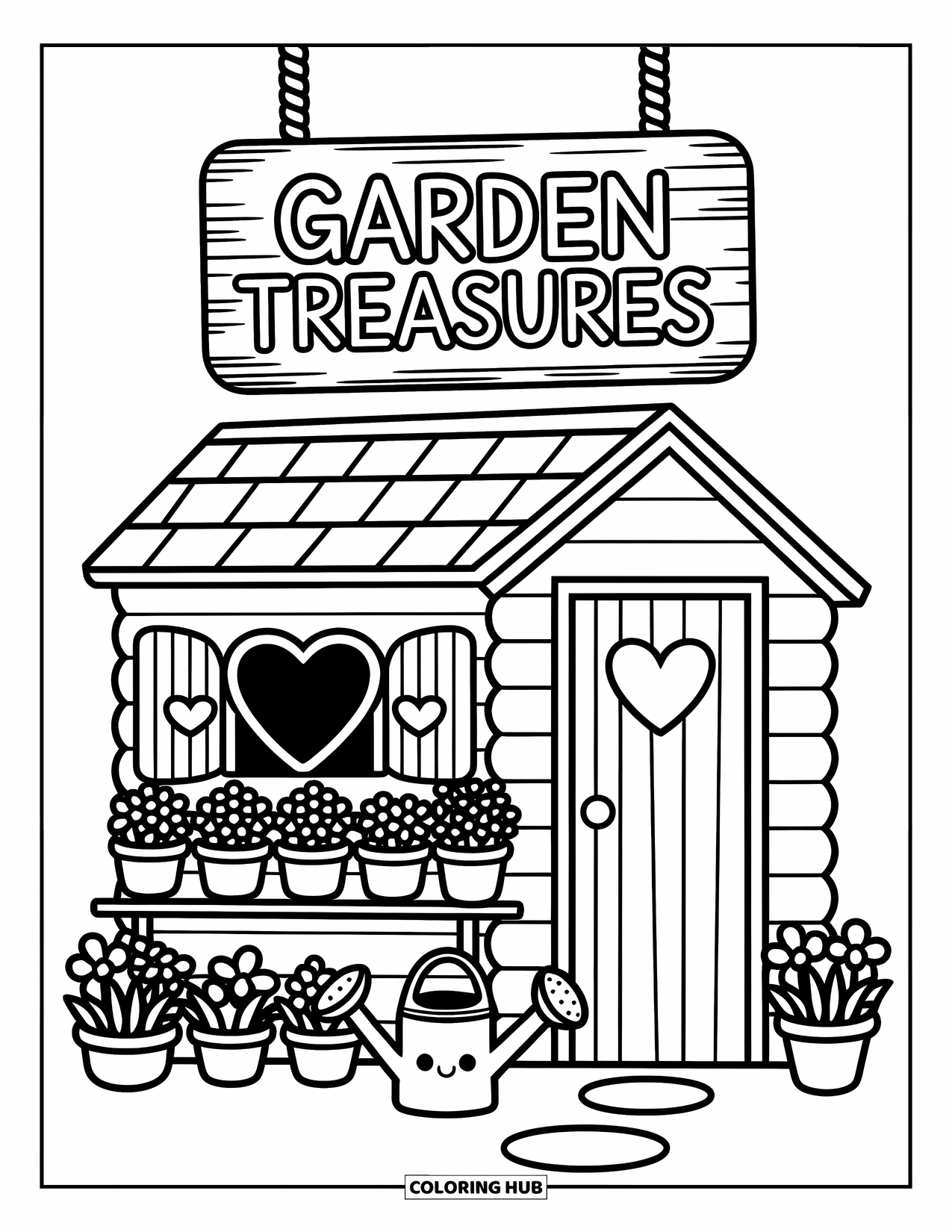 Desen de colorat cu grădină pentru adulți: O magazie de lemn înconjurată de straturi de flori, cu o stropitoare lângă ușă