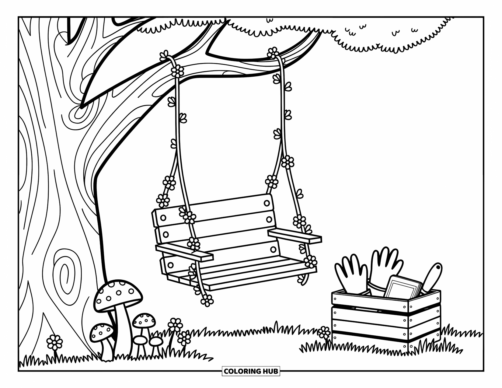 Desen de colorat cu grădină pentru adulți: Un leagăn din lemn înfășurat în viță de vie curgătoare, legănându-se ușor de un copac robust