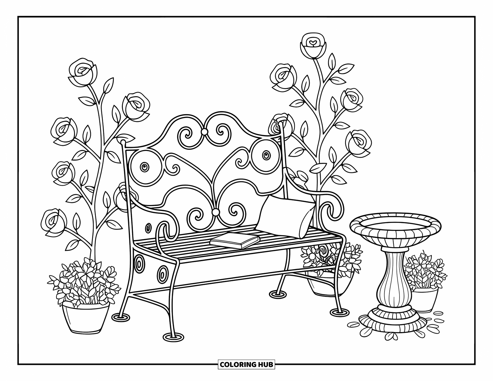Desen de colorat cu grădină pentru adulți: O bancă elegantă de grădină, cu o pernă mică și o carte așezată pe scaun
