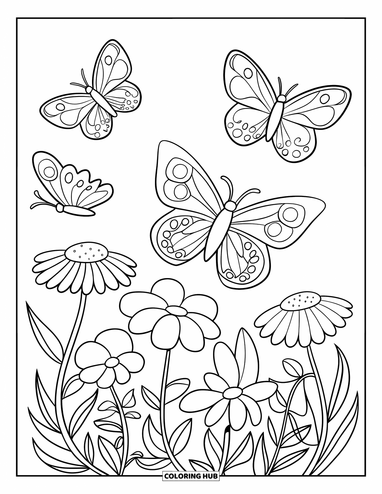 Desen de colorat cu grădină pentru copii: O grădină de fluturi plină de aripi fluturânde și flori sălbatice înflorite