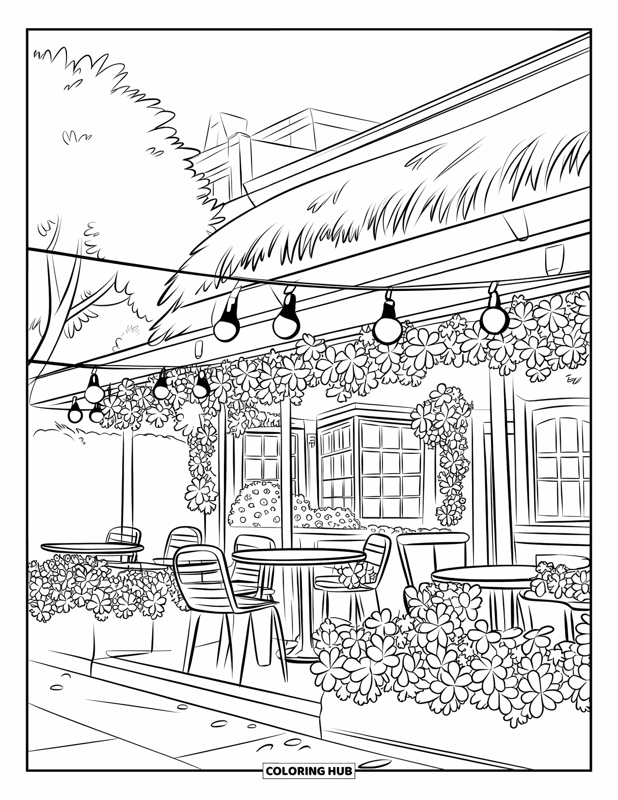 Desen de colorat cu grădină pentru copii: O terasă fermecătoare de cafenea cu flori înflorite și lanterne calde, strălucitoare