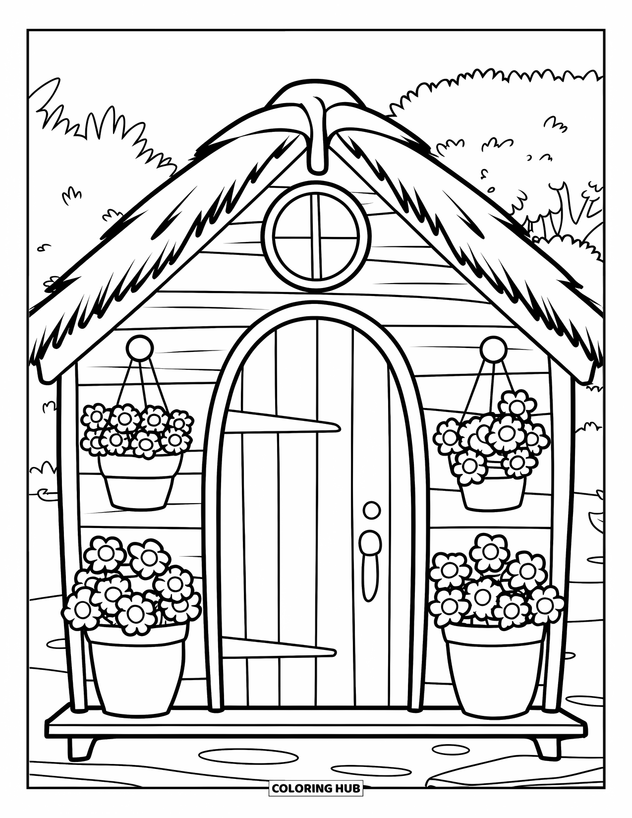 Desen de colorat cu grădină pentru copii: O casă de grădină fermecătoare cu acoperiș de paie și ghivece colorate cu flori