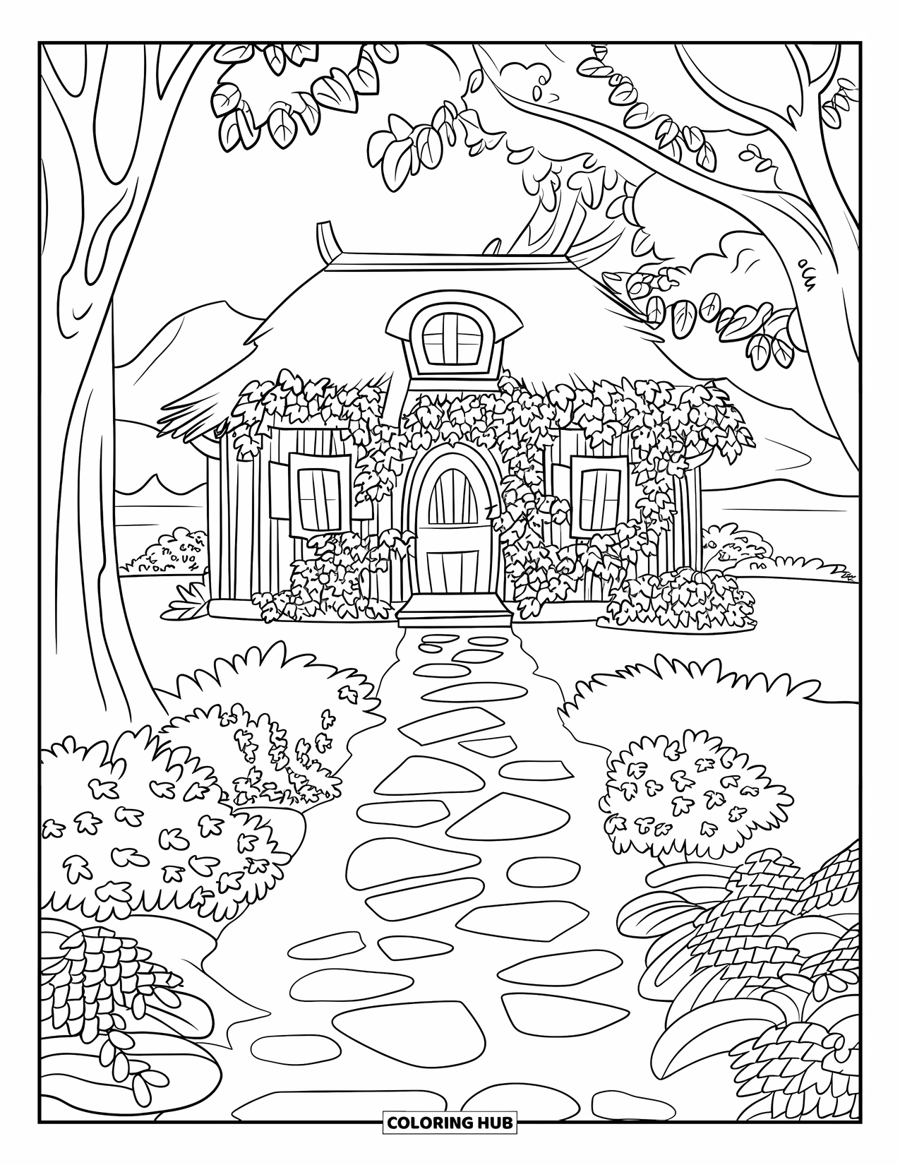 Desen de colorat cu grădină pentru copii: O căsuță fermecătoare acoperită cu iederă, cuibărită într-un peisaj pitoresc plin de flori