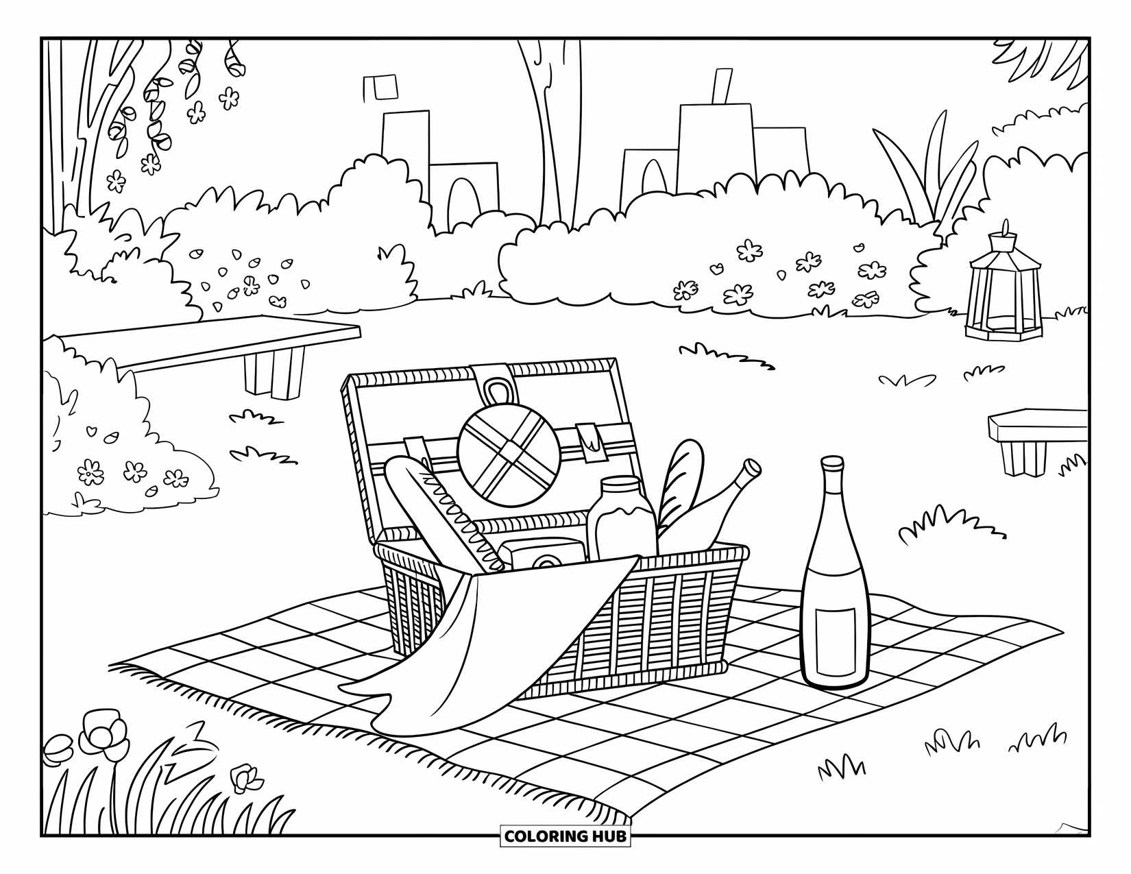Desen de colorat cu grădină pentru copii: Un coș de picnic fermecător cu pâine proaspătă și gem într-o grădină însorită