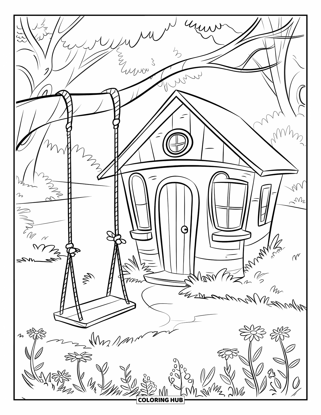 Desen de colorat cu grădină pentru copii: O casă fermecătoare în copac cu o ușă de lemn și un leagăn sub o ramură groasă