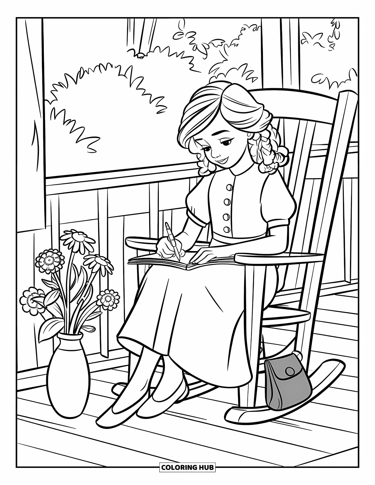 Desen de colorat cu grădină pentru copii: O fată de la țară într-un balansoar, schițând flori cu un zâmbet blând