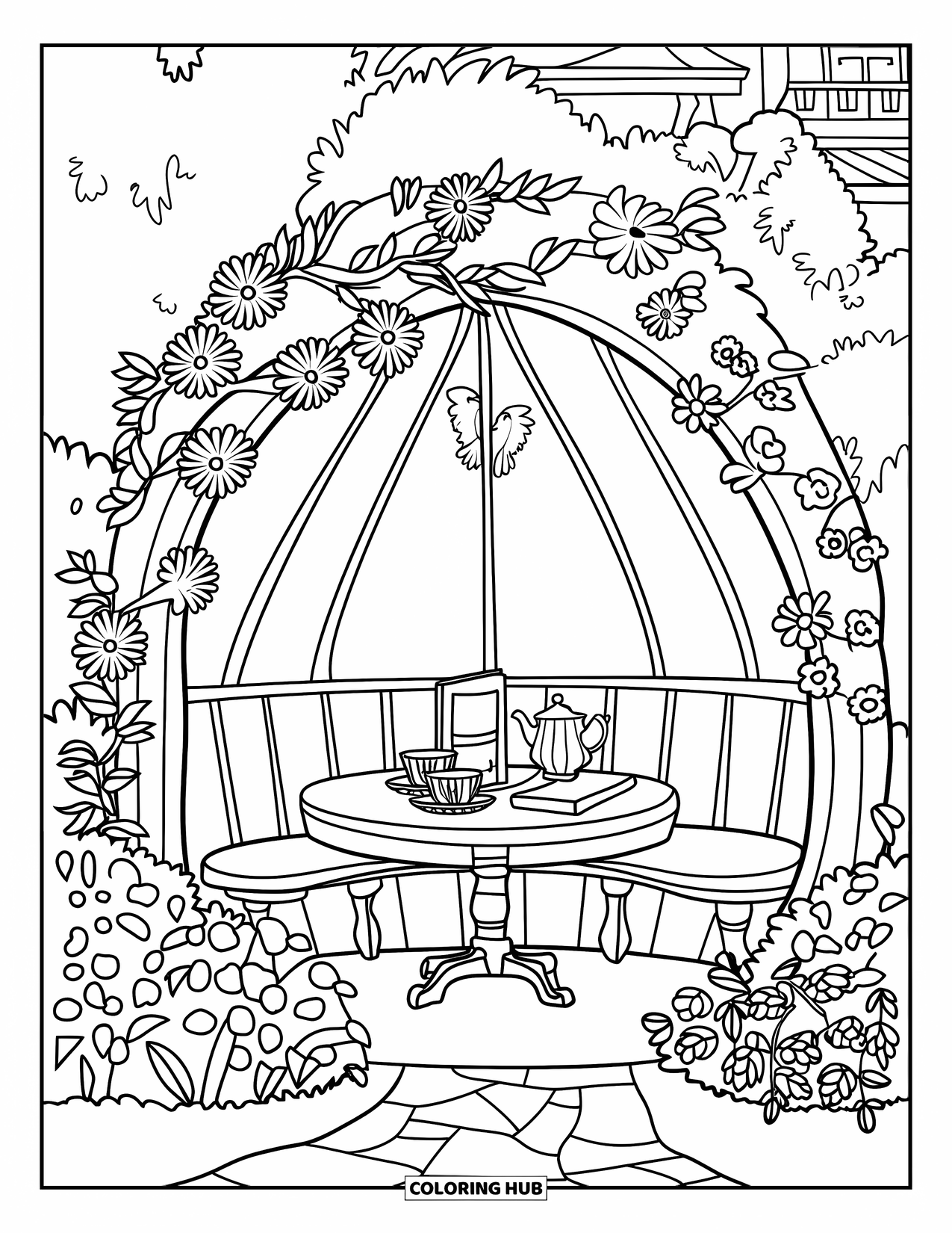 Desen de colorat cu grădină pentru copii: Un colț de grădină confortabil cu o masă de lemn, set de ceai și o carte sub copaci