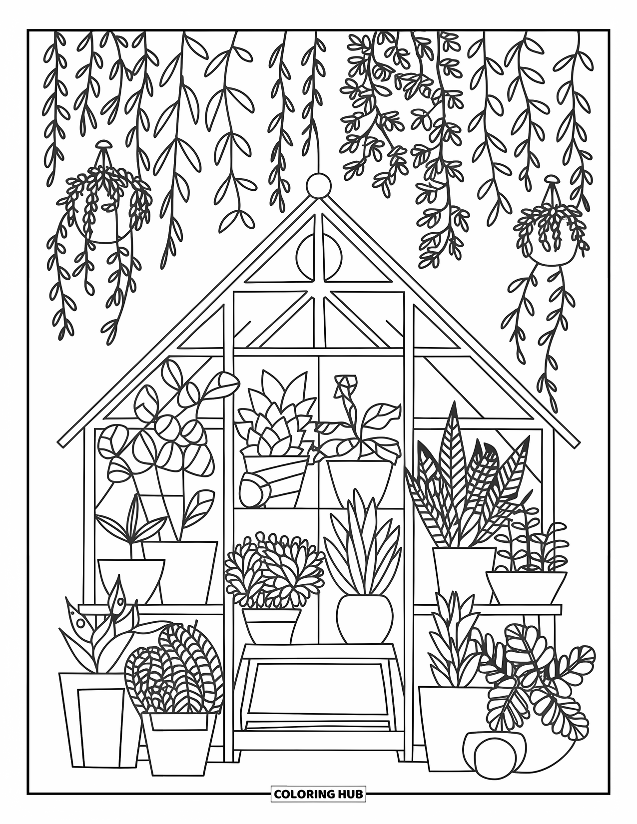 Desen de colorat cu grădină pentru copii: O seră confortabilă din sticlă, plină cu plante luxuriante și o bancă de lemn