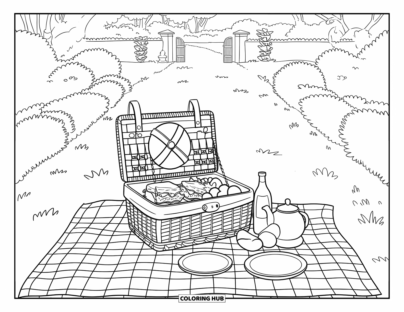 Desen de colorat cu grădină pentru copii: O întindere de picnic confortabilă cu sandvișuri, fructe și o sticlă de suc
