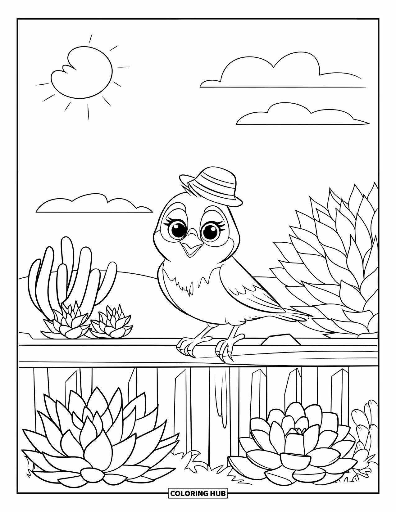 Desen de colorat cu grădină pentru copii: O pasăre curioasă pe un gard de grădină, înconjurată de suculente de toate formele și dimensiunile
