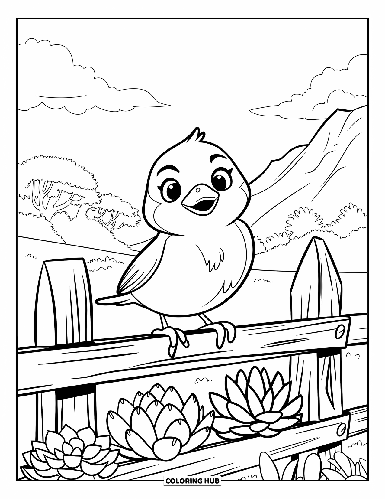 Desen de colorat cu grădină pentru copii: O pasăre drăguță cocoțată pe un gard de lemn, înconjurată de suculente pline și cu frunze
