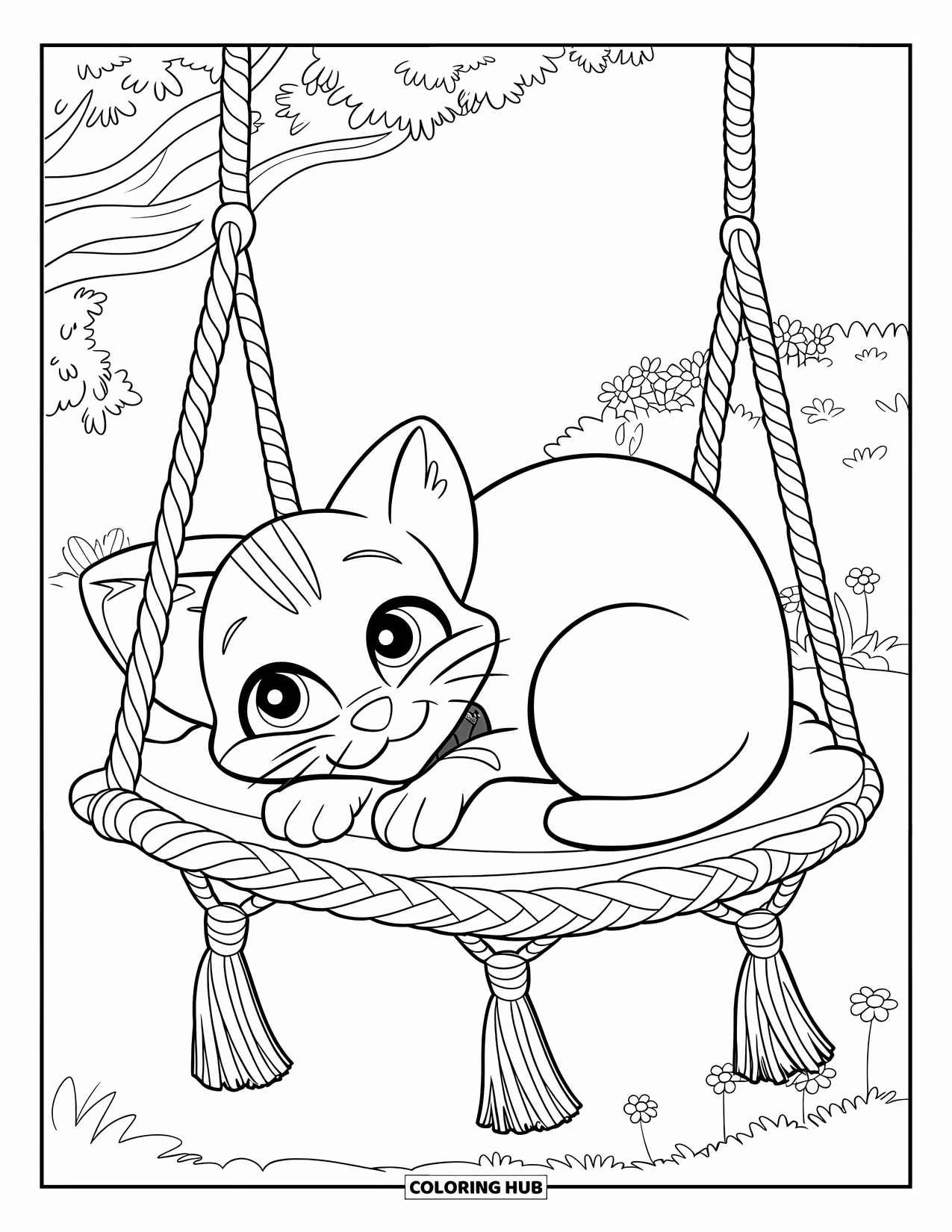 Desen de colorat cu grădină pentru copii: O pisică drăguță care trage un pui de somn pe un leagăn confortabil din macrame într-o grădină liniștită