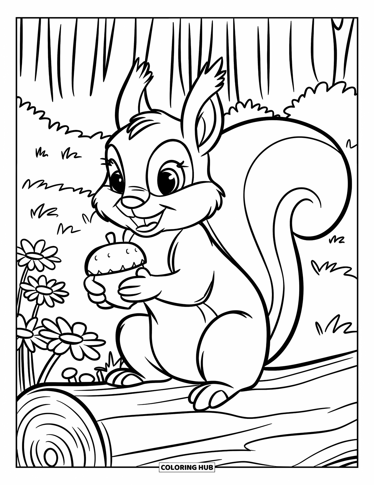 Desen de colorat cu grădină pentru copii: O veveriță drăguță care ține o ghindă lângă un tufiș de margarete într-o pădure liniștită