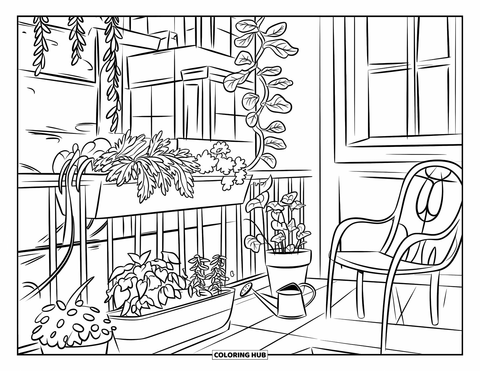 Desen de colorat cu grădină pentru copii: O grădină de vis pe balcon cu flori, ierburi și un scaun confortabil din lemn
