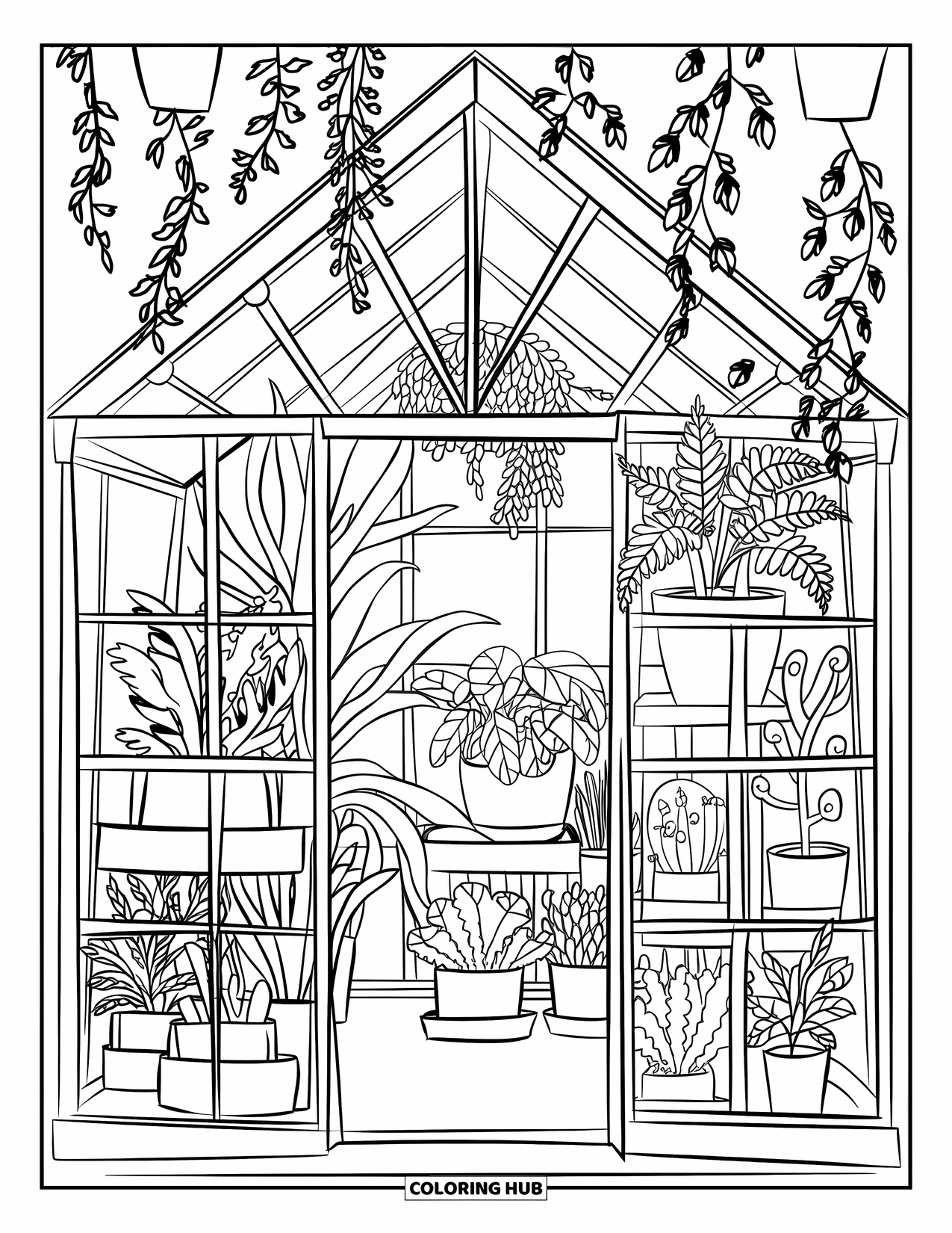 Desen de colorat cu grădină pentru copii: O seră de vis cu verdeață curgătoare și lumina soarelui care pătrunde prin