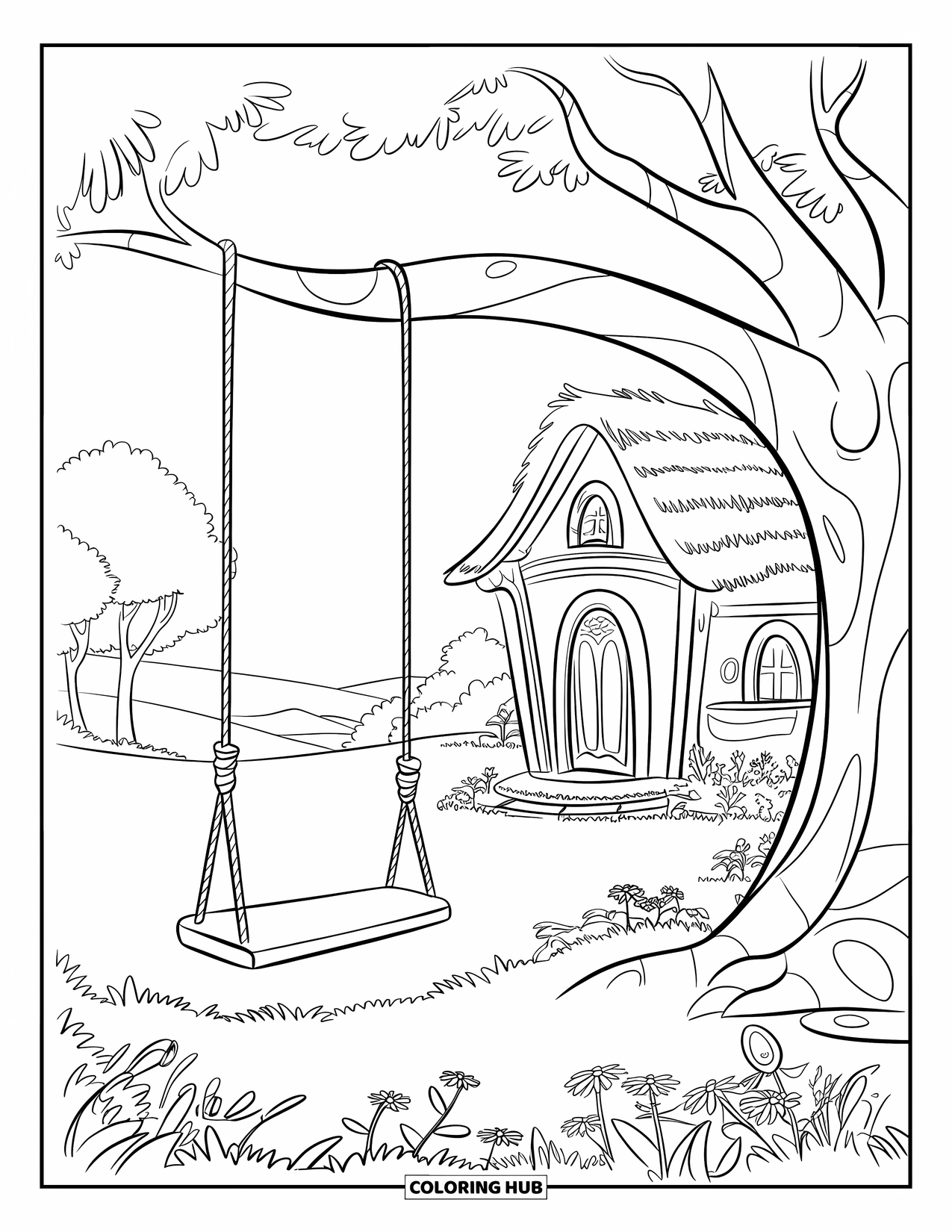 Desen de colorat cu grădină pentru copii: O casă de vis în copac cu un leagăn și o vedere liniștită asupra copacilor și dealurilor