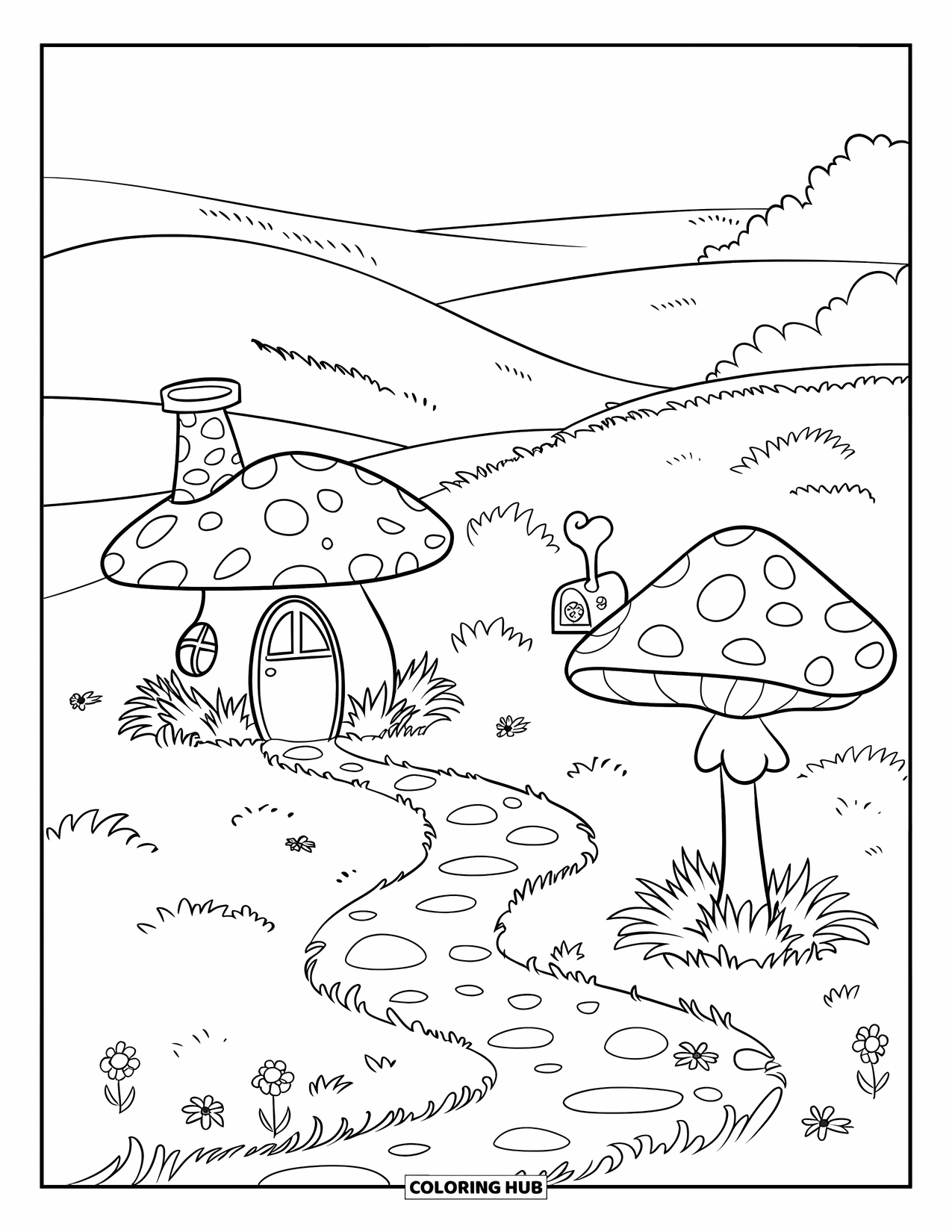 Desen de colorat cu grădină pentru copii: O zână așezată pe un nufăr într-o grădină senină plină de ciuperci