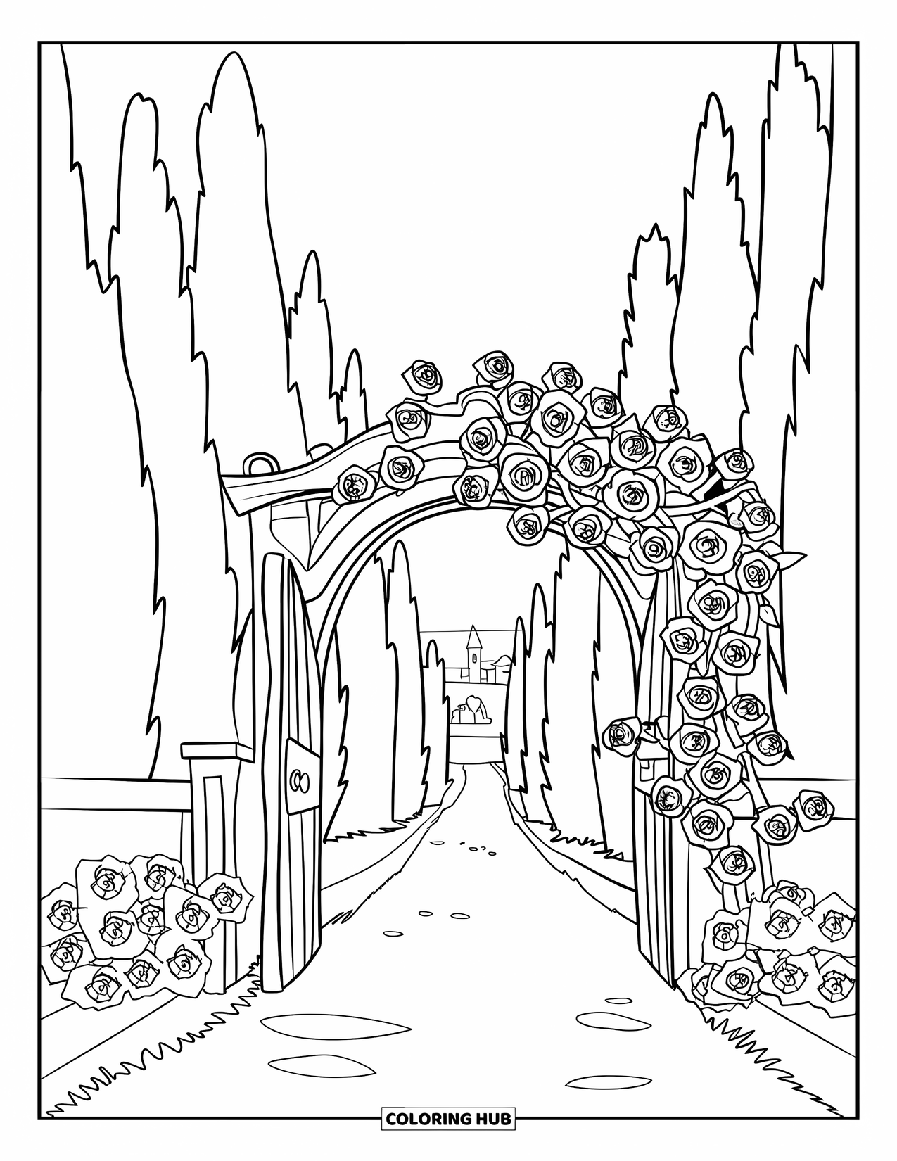 Desen de colorat cu grădină pentru copii: O poartă acoperită cu flori care se deschide spre o potecă liniștită de grădină cu copaci înalți