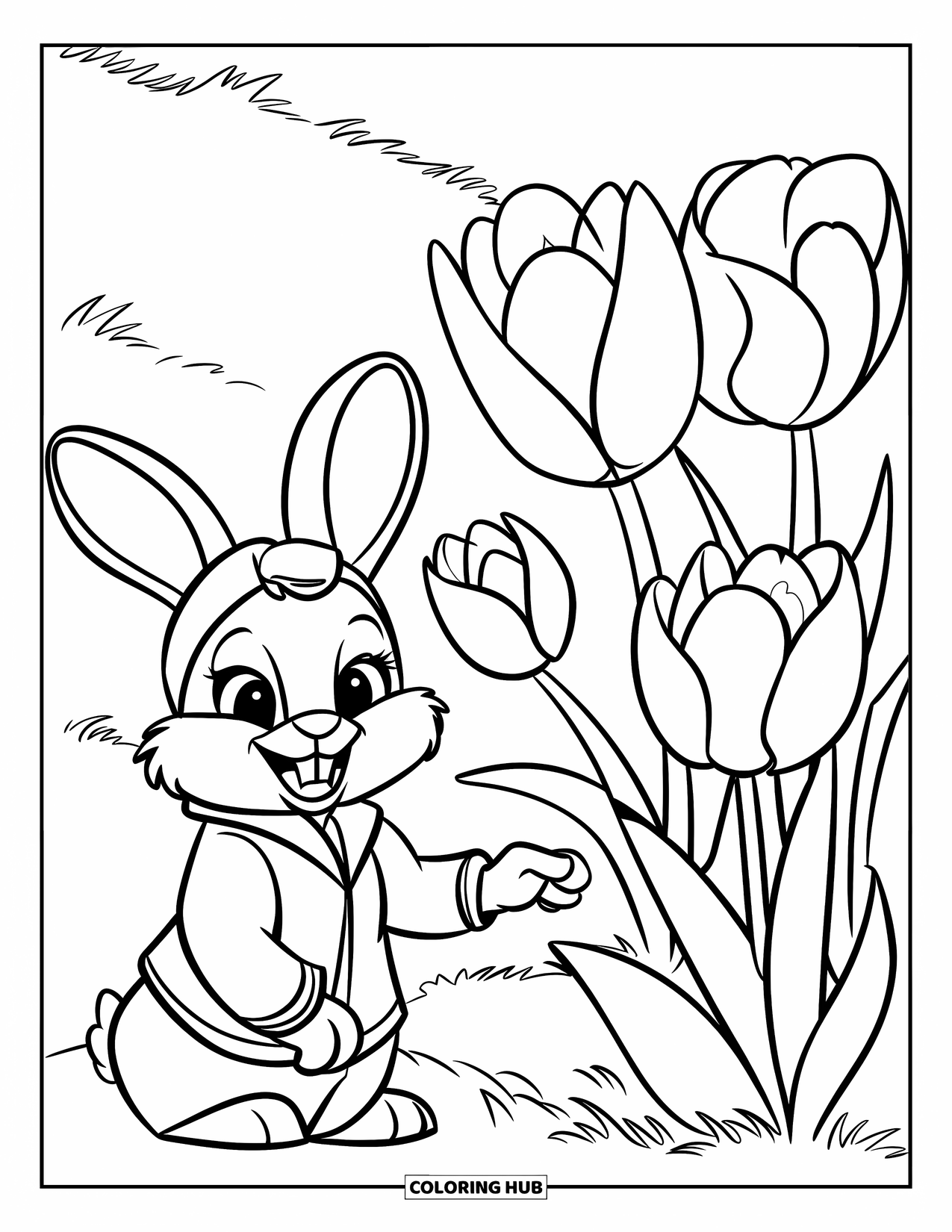 Desen de colorat cu grădină pentru copii: Un iepuraș pufos lângă un strat de lalele, bucurându-se de grădina caldă de primăvară
