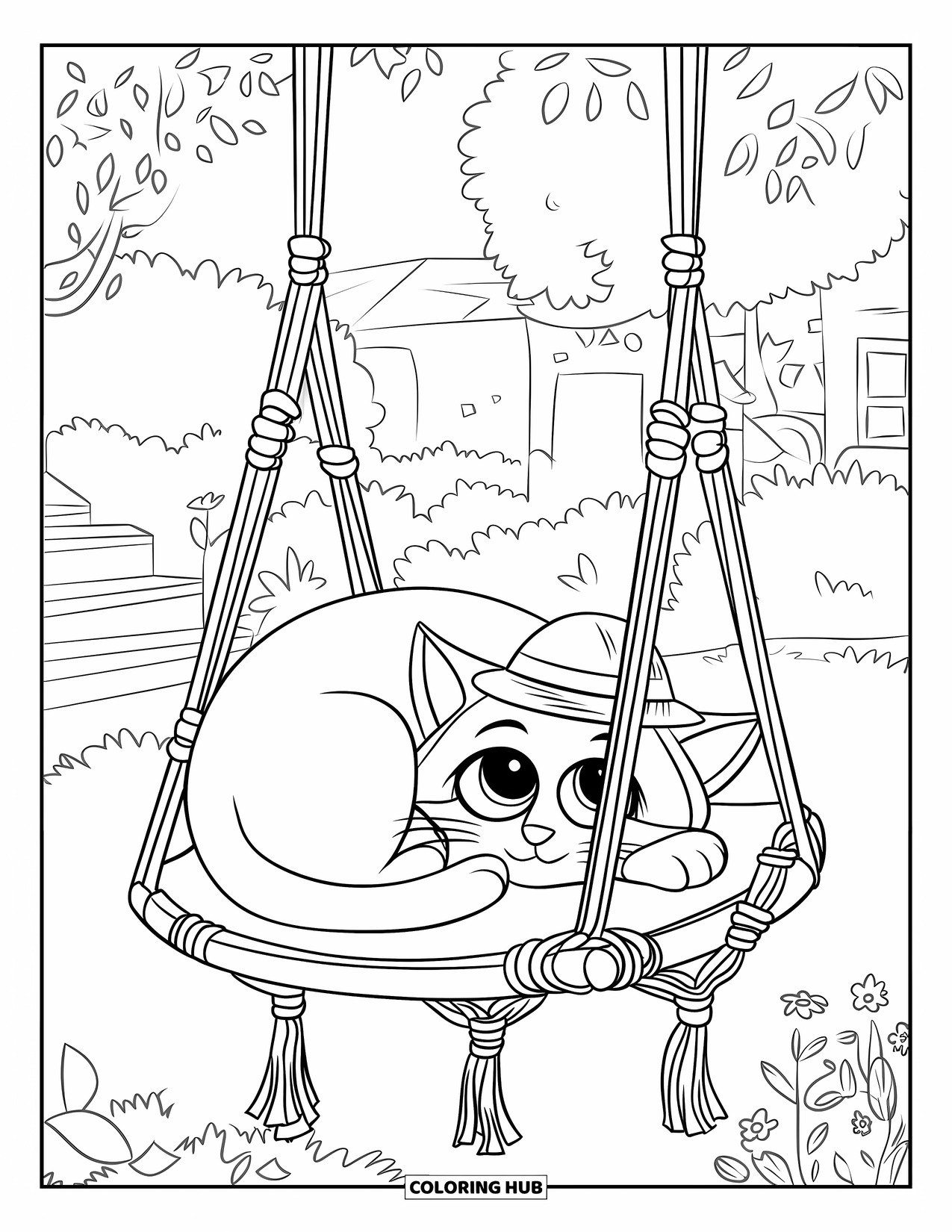 Desen de colorat cu grădină pentru copii: O pisică pufoasă care moțăie pe un leagăn împletit, atârnând ușor de o ramură de copac