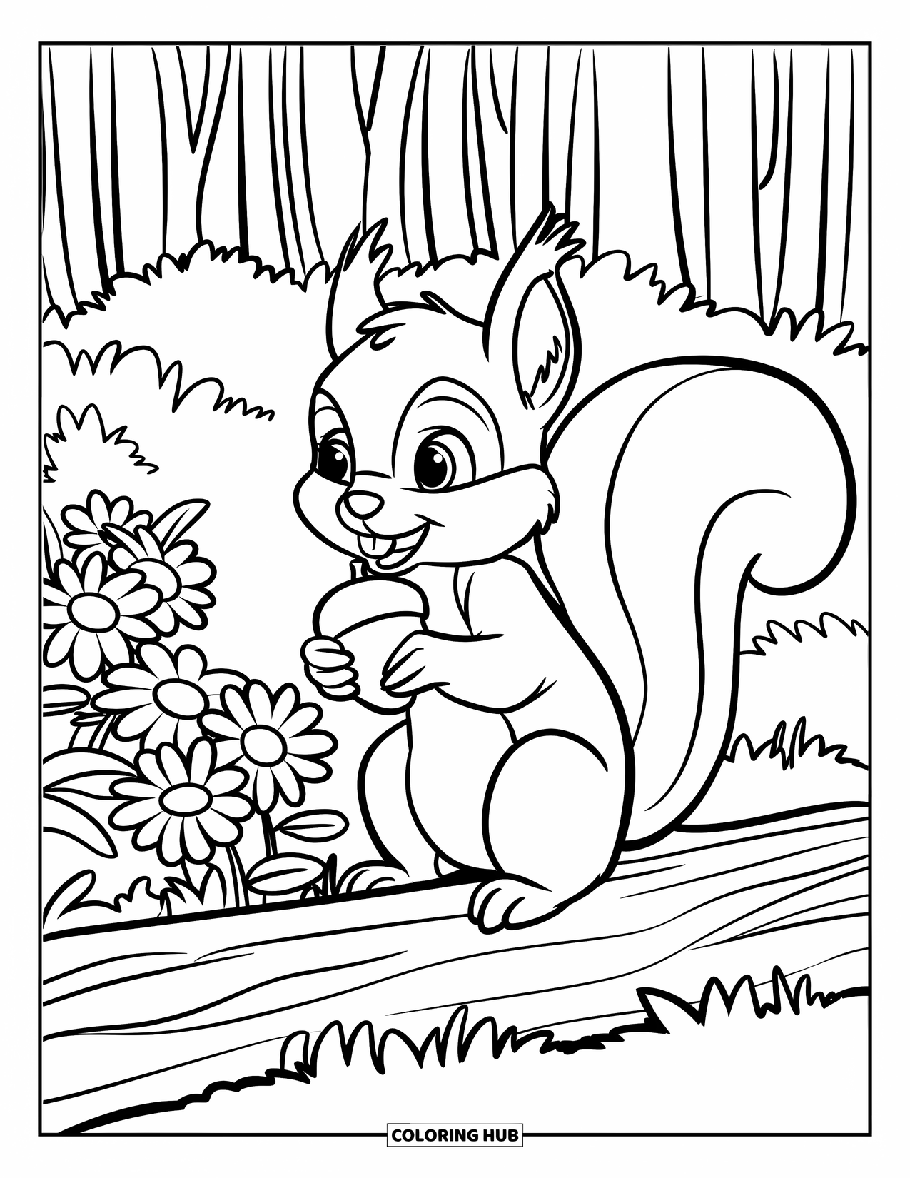 Desen de colorat cu grădină pentru copii: O veveriță pufoasă așezată pe o buturugă de copac, ronțăind fericită o ghindă