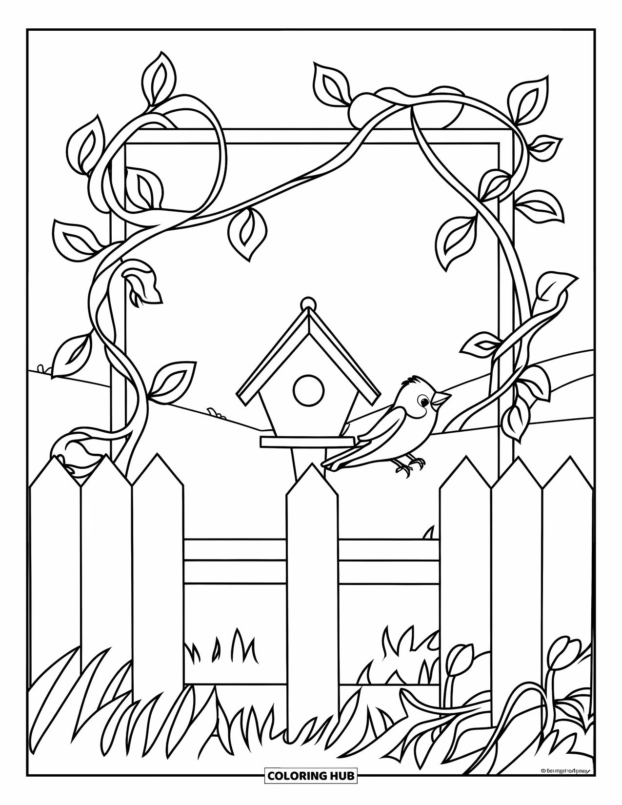 Desen de colorat cu grădină pentru copii: Un gard de grădină cu o căsuță delicată pentru păsări cocoțată între flori înflorite
