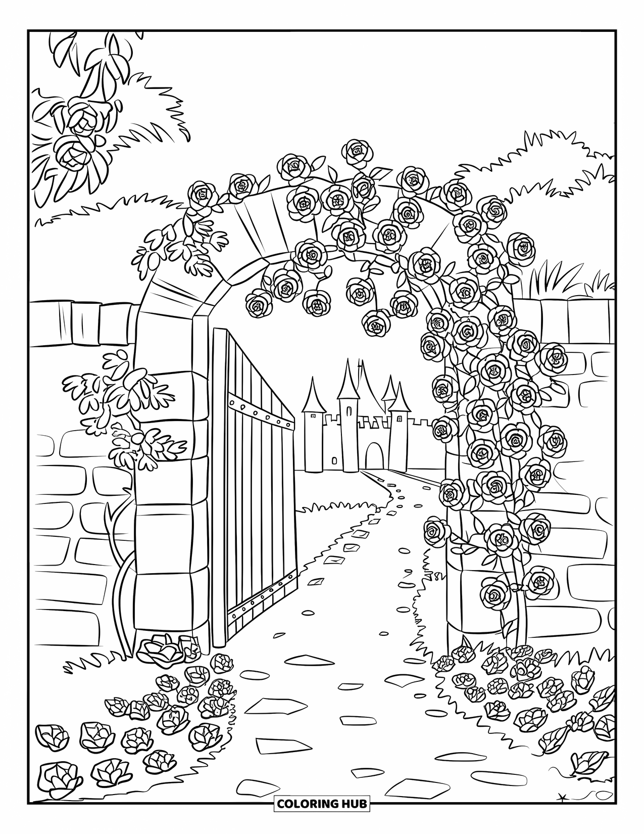 Desen de colorat cu grădină pentru copii: O potecă de grădină care duce la o poartă arcuită din lemn, acoperită cu trandafiri înfloriți