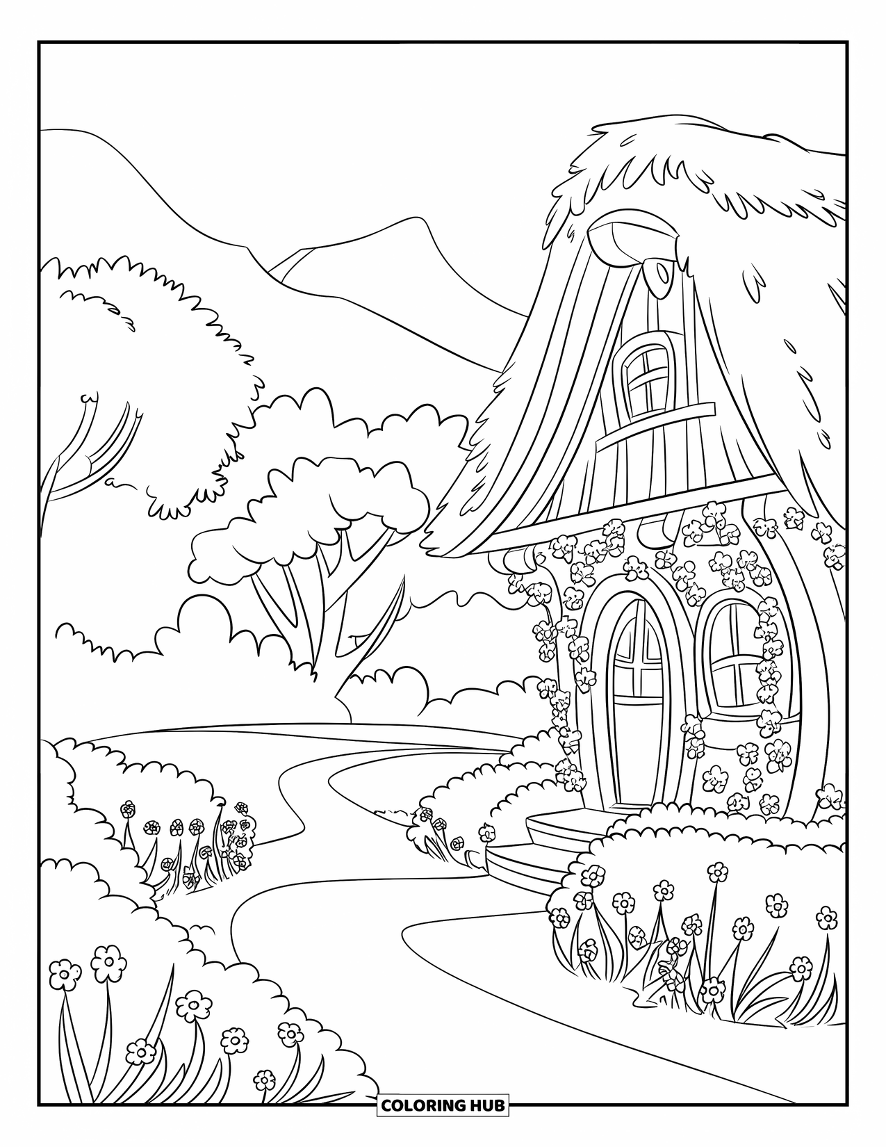 Desen de colorat cu grădină pentru copii: O potecă de grădină mărginită de flori care duce la o căsuță confortabilă acoperită cu iederă