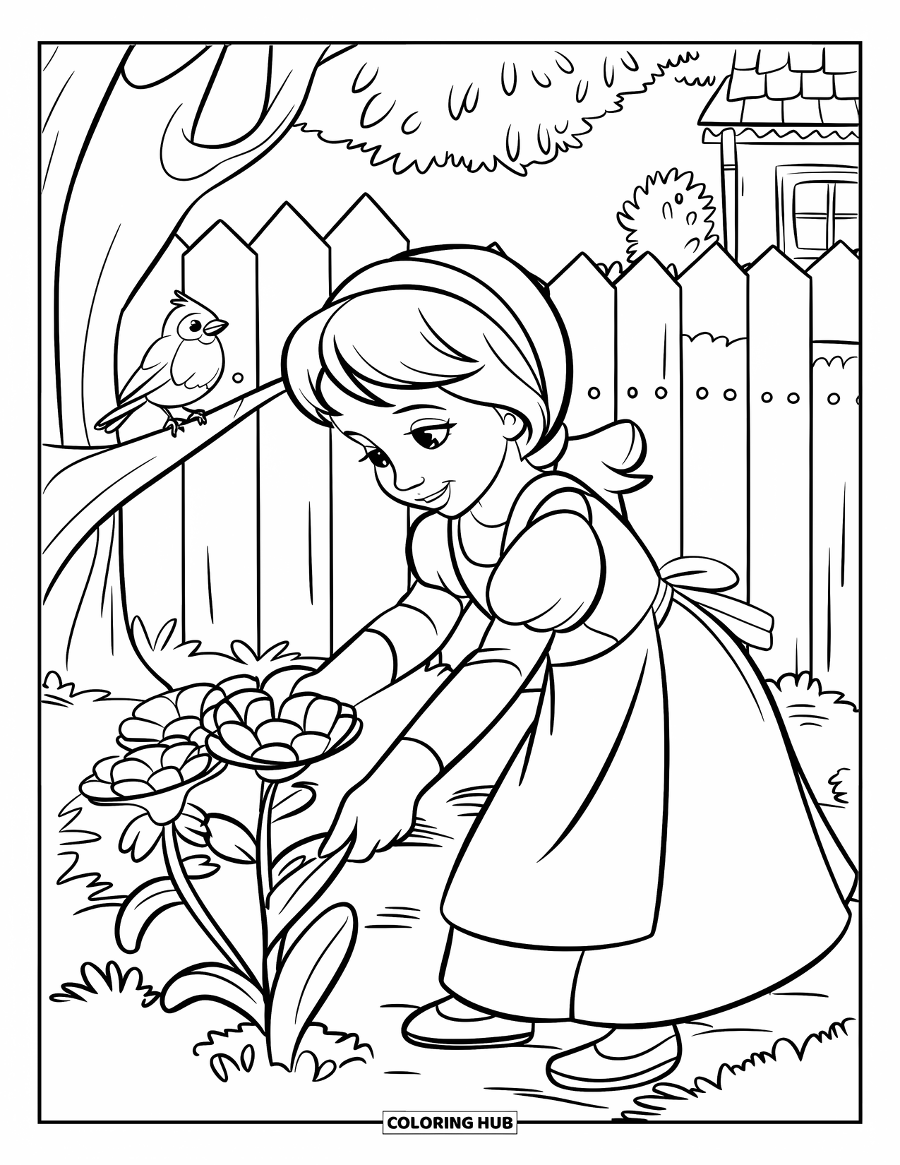 Desen de colorat cu grădină pentru copii: O scenă de grădină cu o fată cu bonetă plantând flori lângă un gard de lemn