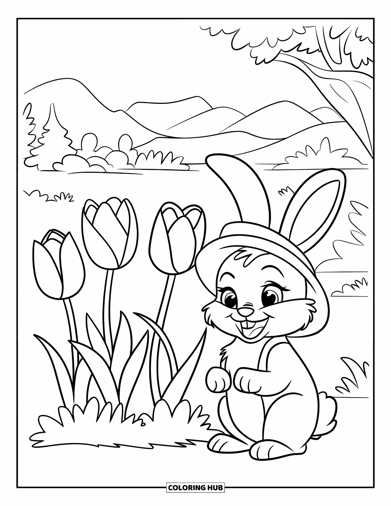 Desen de colorat cu grădină pentru copii: Un iepuraș fericit așezat lângă o grădină de lalele, purtând o pălărie verde mică