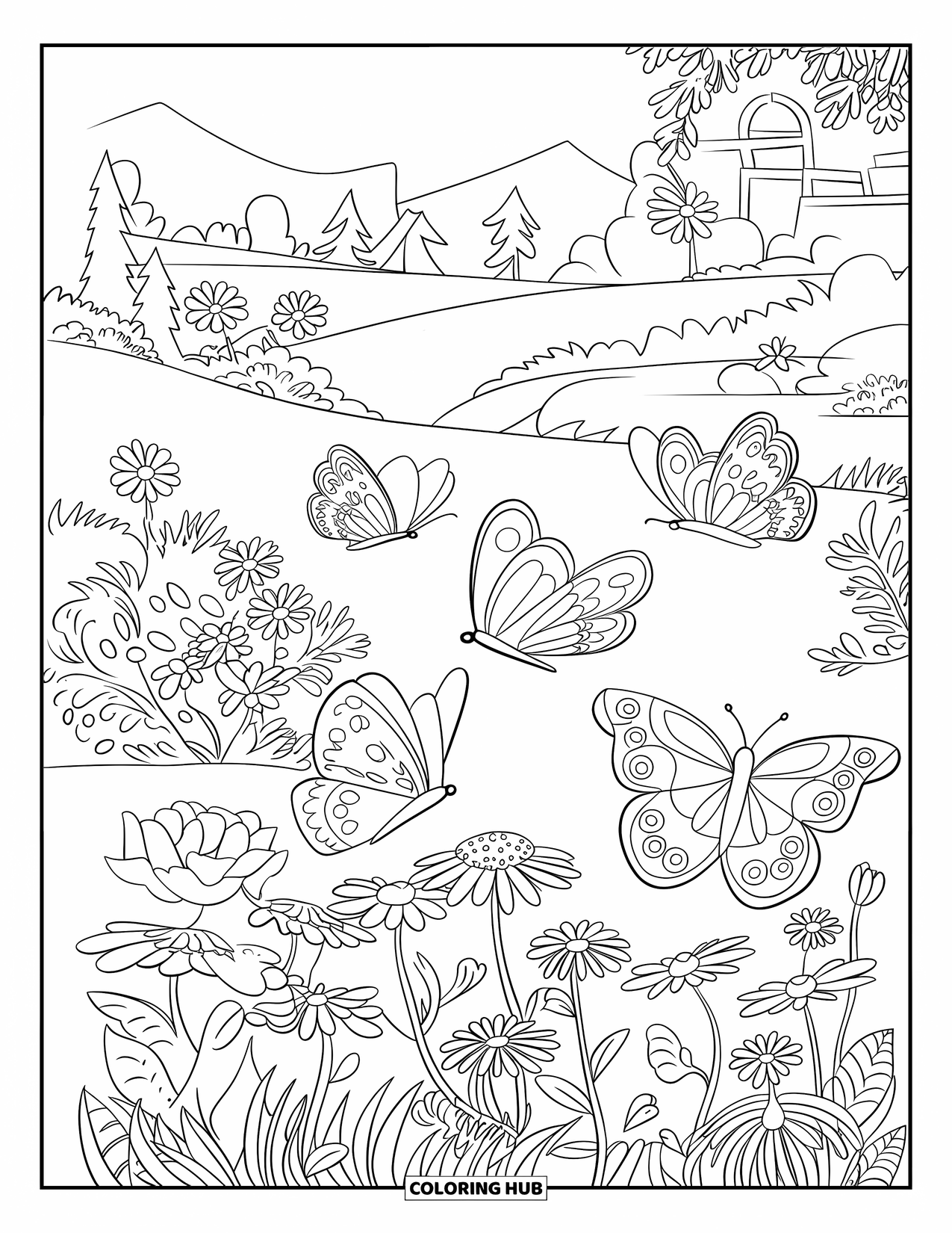 Desen de colorat cu grădină pentru copii: O grădină luxuriantă unde fluturii dansează printre florile colorate și albinele harnice