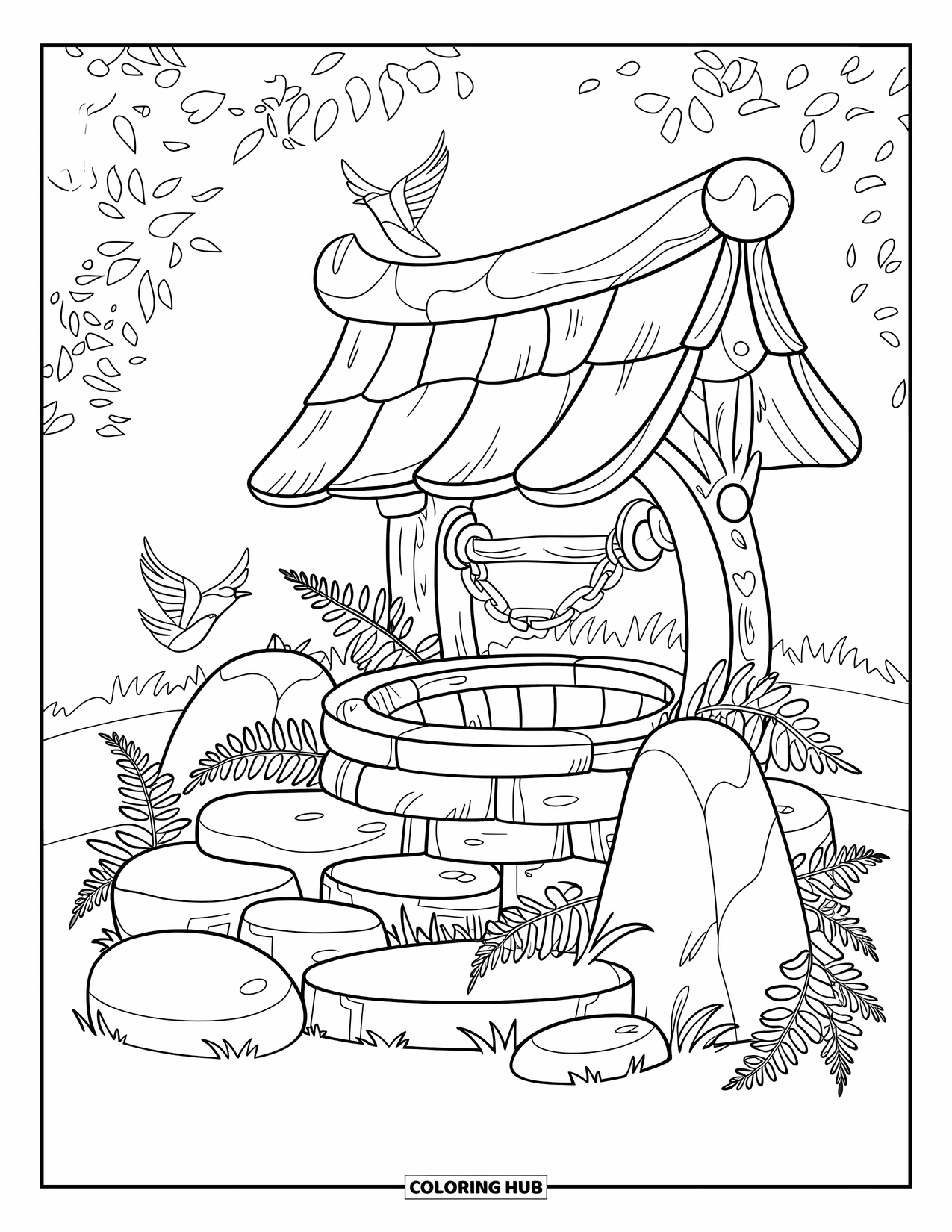 Desen de colorat cu grădină pentru copii: O fântână magică a dorințelor într-o pădure luxuriantă, încadrată de ferigi delicate