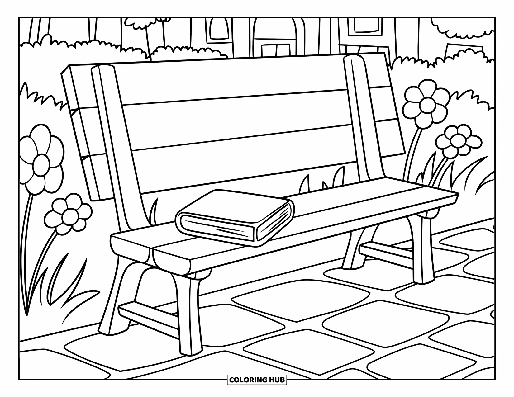 Desen de colorat cu grădină pentru copii: O bancă de parc cu o carte așezată pe ea, ascunsă pe o potecă liniștită de piatră cubică