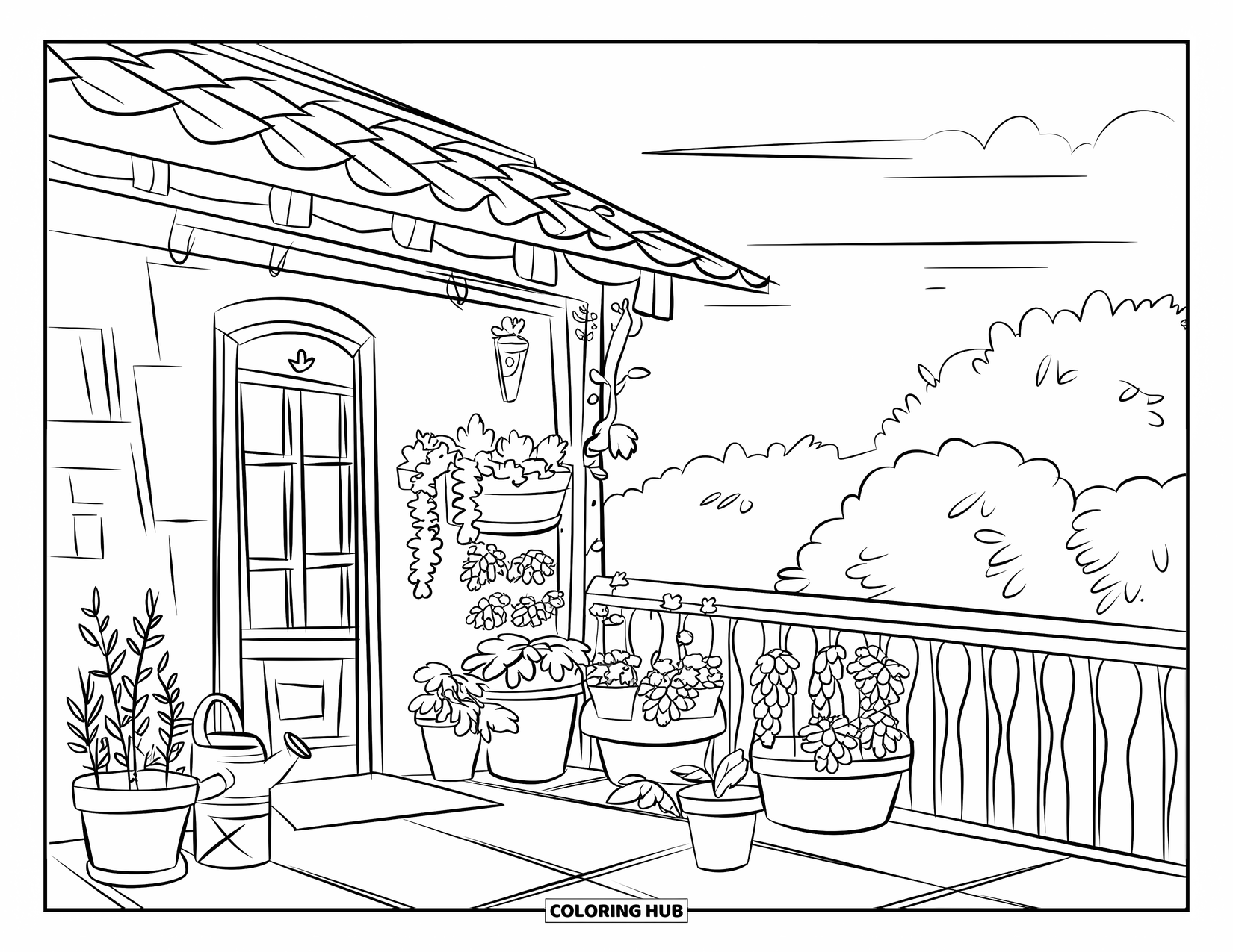 Desen de colorat cu grădină pentru copii: O grădină liniștită pe balcon, cu o stropitoare și o vedere spre orizontul orașului