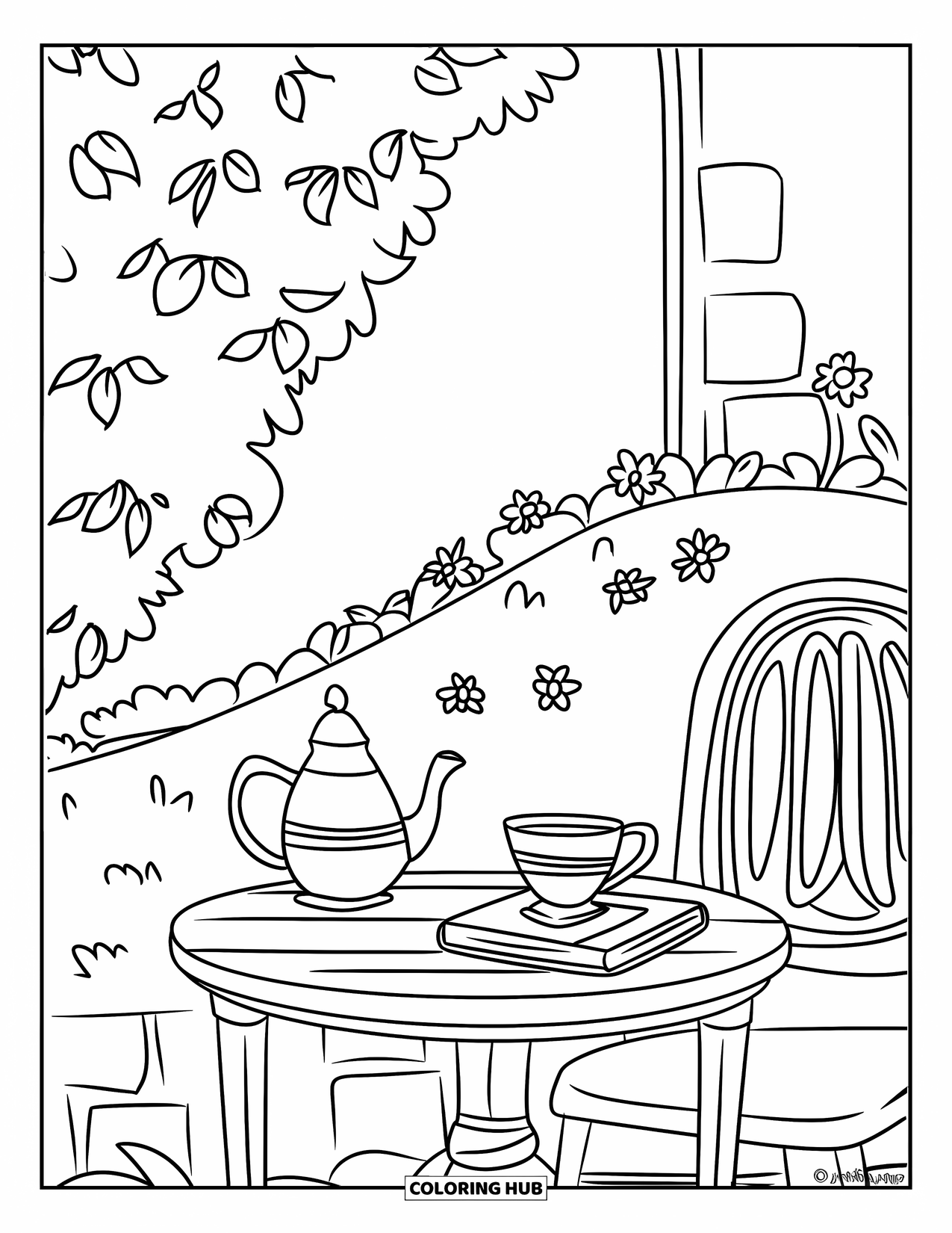 Desen de colorat cu grădină pentru copii: Un loc liniștit în grădină, cu o masă mică de lemn și o ceașcă caldă de ceai