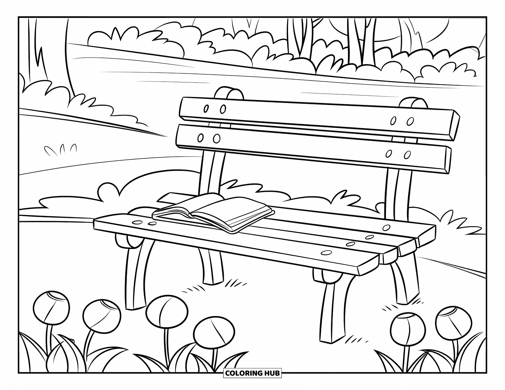 Desen de colorat cu grădină pentru copii: O bancă liniștită de parc cu o carte lăsată deschisă sub un cer plin de nori
