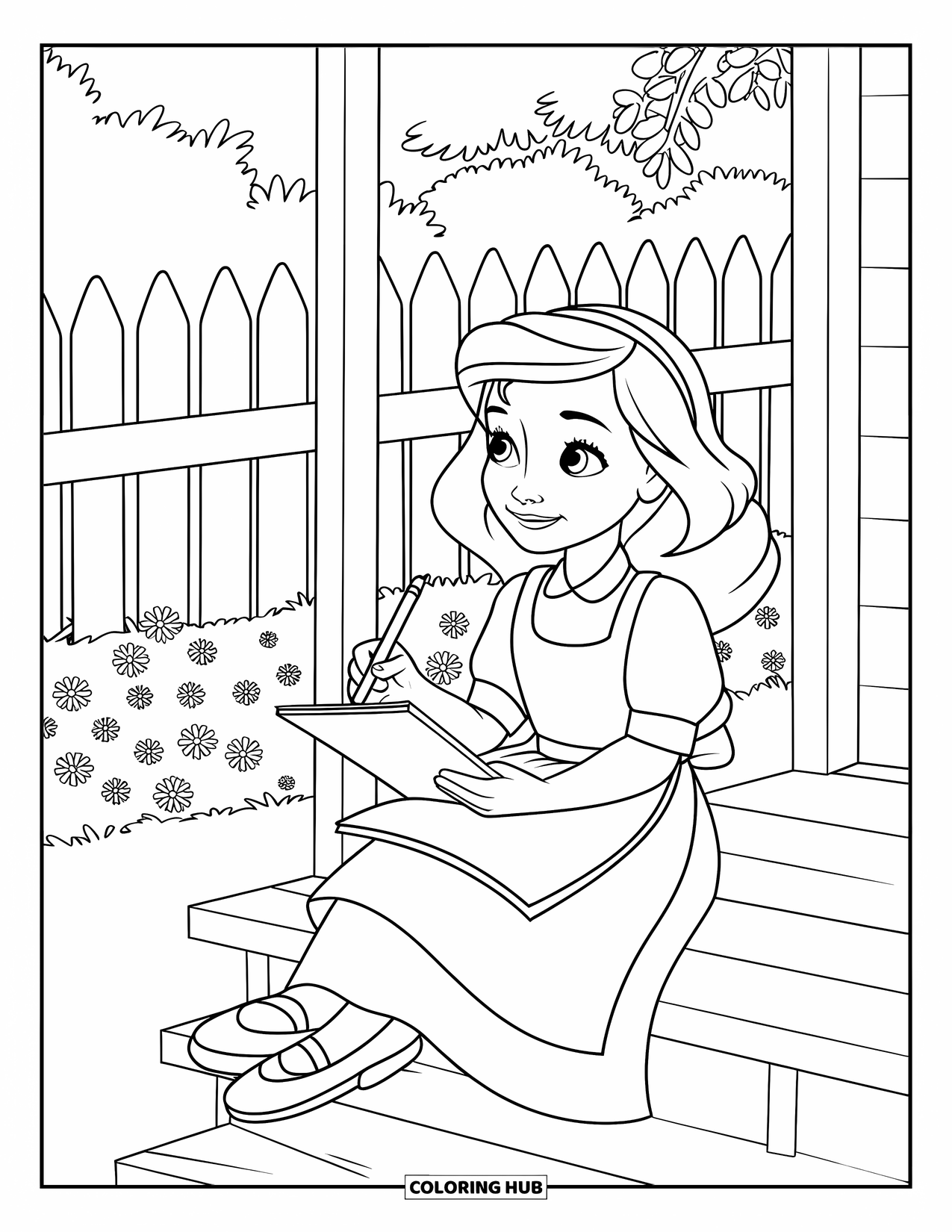 Desen de colorat cu grădină pentru copii: Un pridvor liniștit cu o fată, o schiță și o vază cu flori proaspăt culese