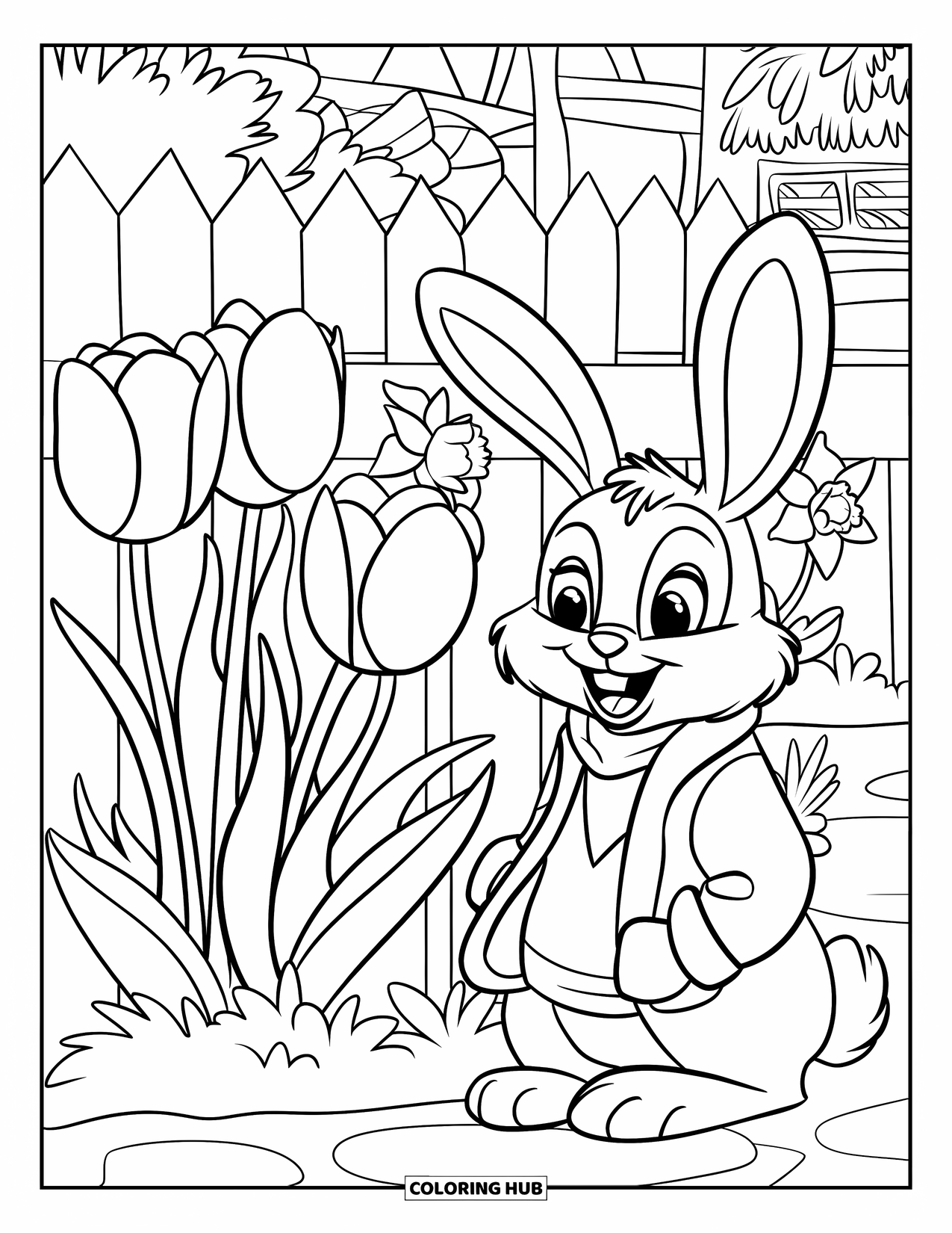 Desen de colorat cu grădină pentru copii: Un iepuraș jucăuș purtând o eșarfă, așezat printre lalele și narcise