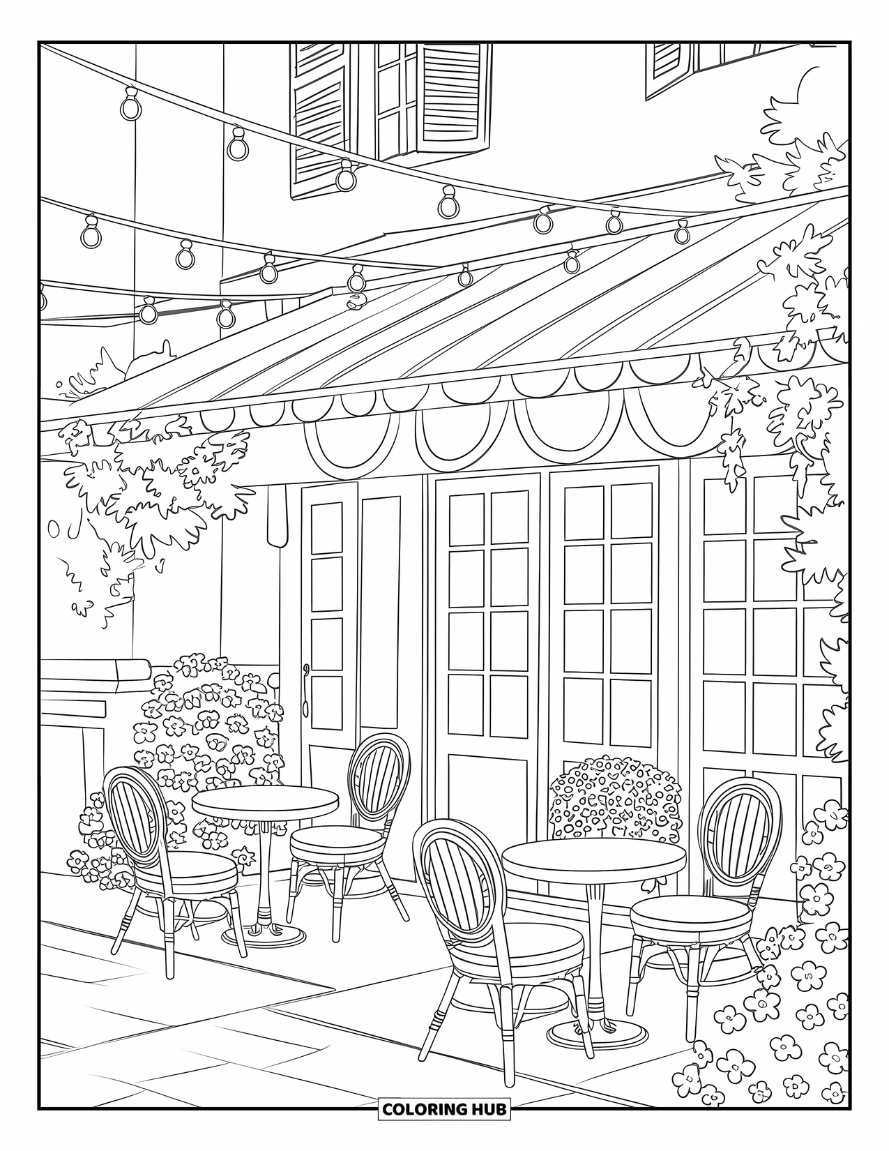 Desen de colorat cu grădină pentru copii: O cafenea pitorească înconjurată de verdeață luxuriantă și luminițe zânelor agățate