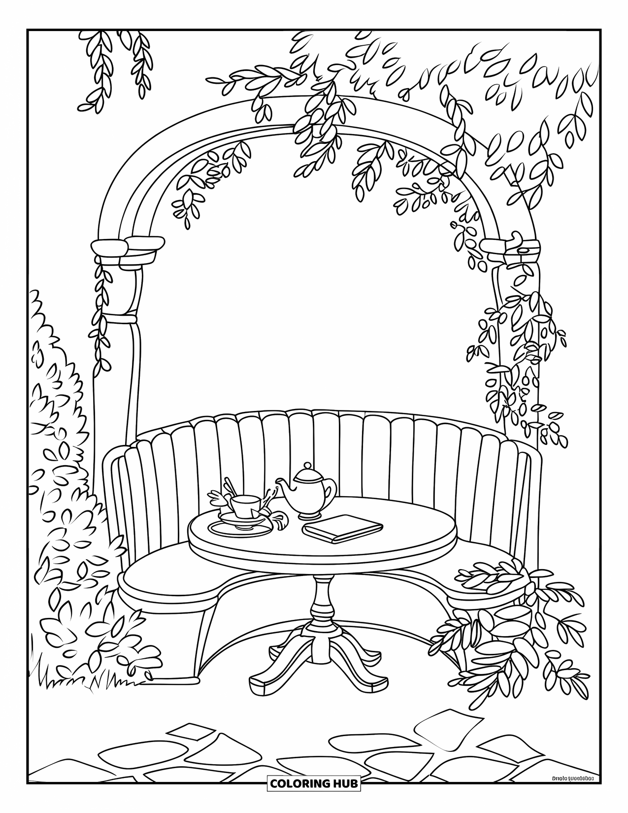 Desen de colorat cu grădină pentru copii: Un colț liniștit de grădină cu o bancă de lemn, un ceainic și flori înflorite