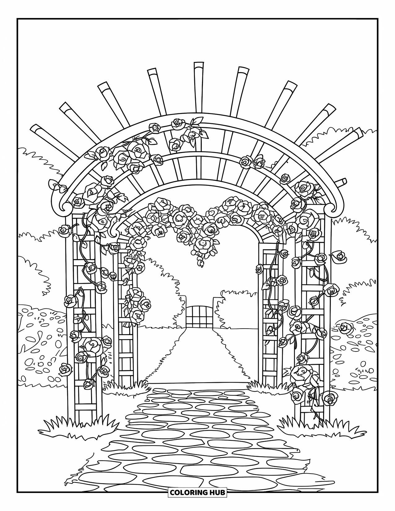 Desen de colorat cu grădină pentru copii: O arcadă romantică de grădină cu trandafiri care formează o formă de inimă deasupra unei căi
