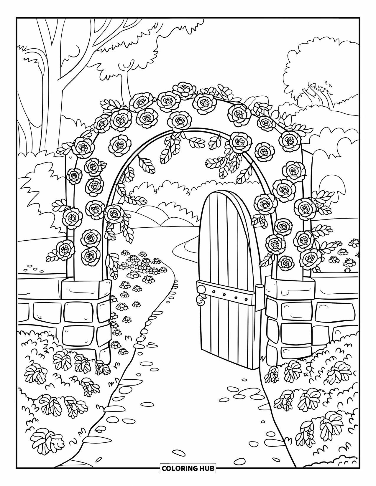 Desen de colorat cu grădină pentru copii: O arcadă pitorească de grădină cu trandafiri care se cațără pe o poartă fermecătoare din lemn