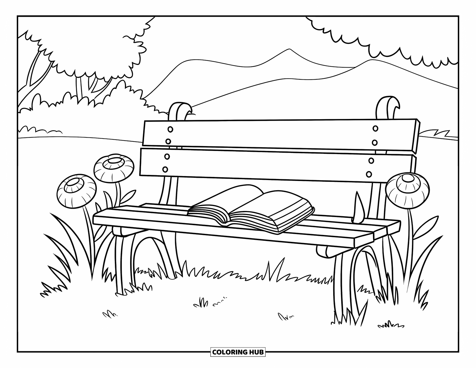 Desen de colorat cu grădină pentru copii: O bancă simplă din lemn cu o carte așezată pe ea, înconjurată de flori mari