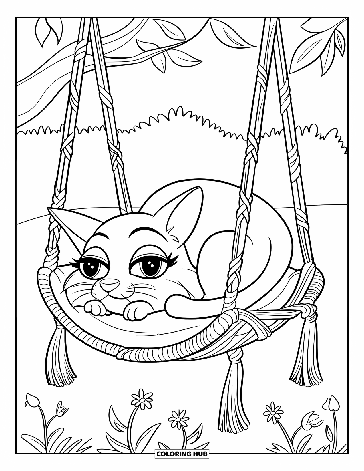 Desen de colorat cu grădină pentru copii: Un pisoi somnoros ghemotocit pe un leagăn de grădină, înconjurat de flori și frunze